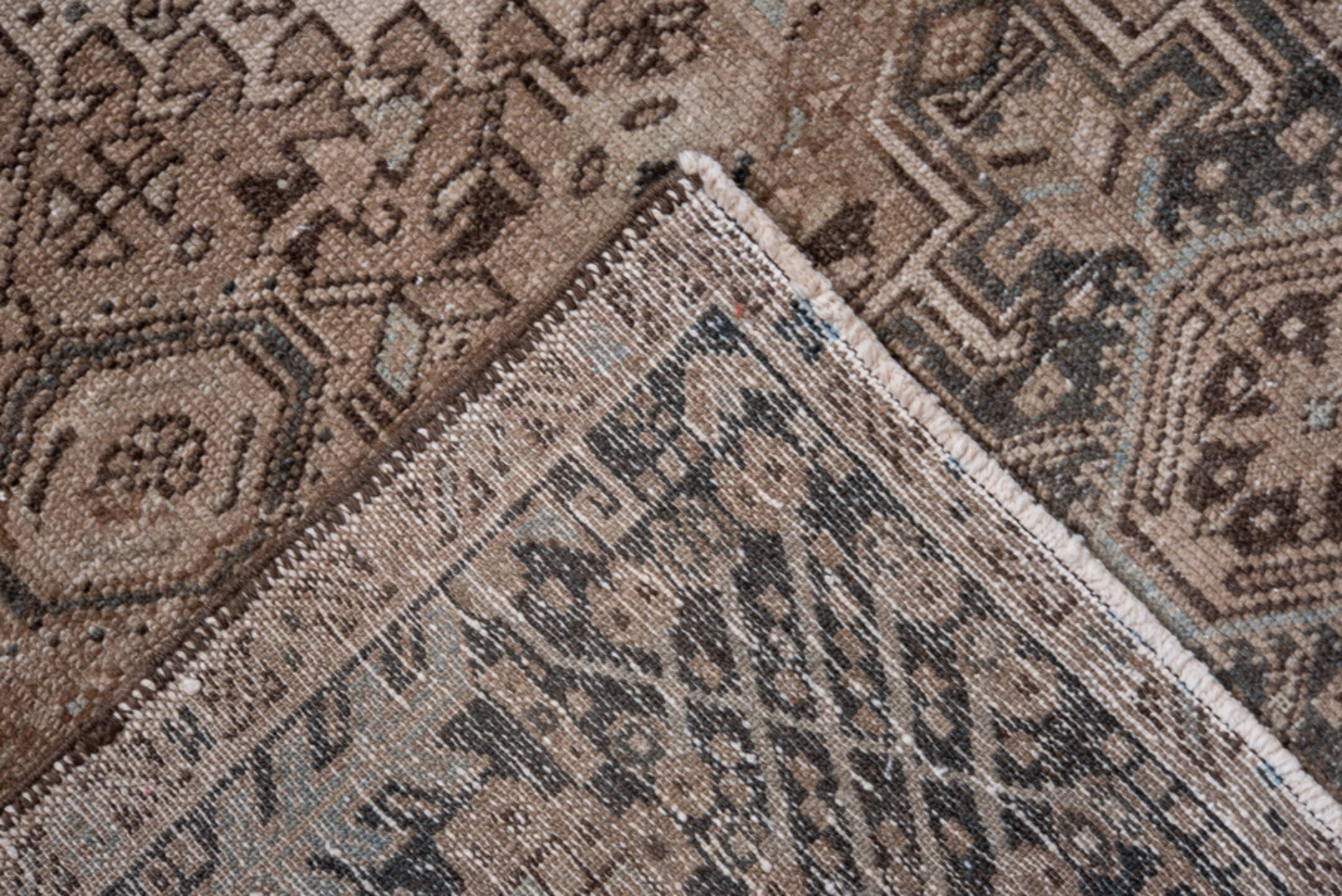 4' x 6' one-of-a-kind handmade vintage Karaje small size rug. Color palette: gray, black, brown, light gray, pink, off-white