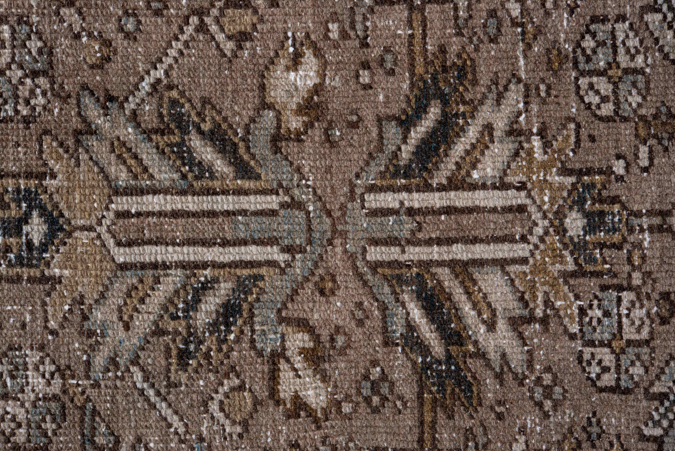 7' x 10' one-of-a-kind handmade antique Heriz large size rug. Color palette: taupe, brown, ivory, charcoal, beige, slate