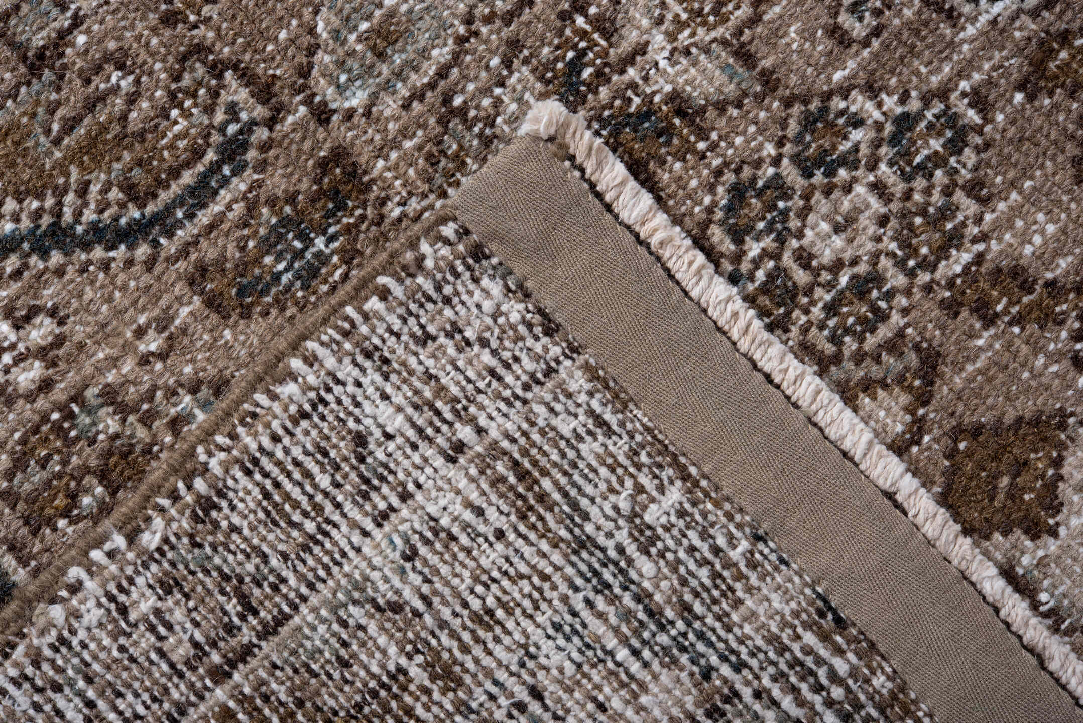 7' x 10' one-of-a-kind handmade antique Heriz large size rug. Color palette: taupe, brown, ivory, charcoal, beige, slate