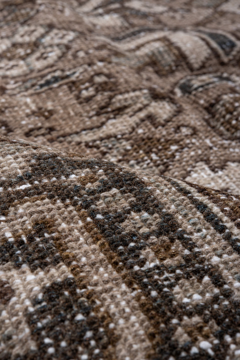 7' x 10' one-of-a-kind handmade antique Heriz large size rug. Color palette: taupe, brown, ivory, charcoal, beige, slate