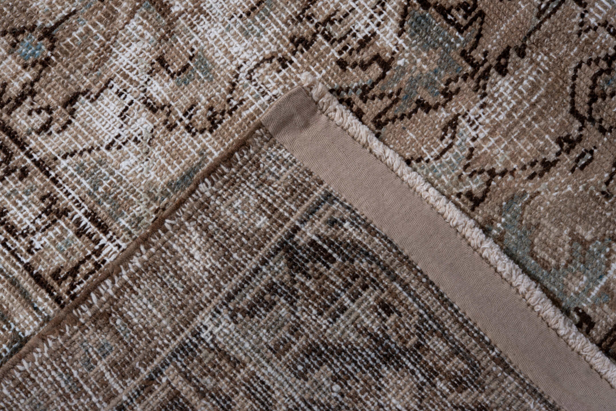 7' x 10' one-of-a-kind handmade antique Heriz large size rug. Color palette: taupe, brown, ivory, charcoal, sage, camel