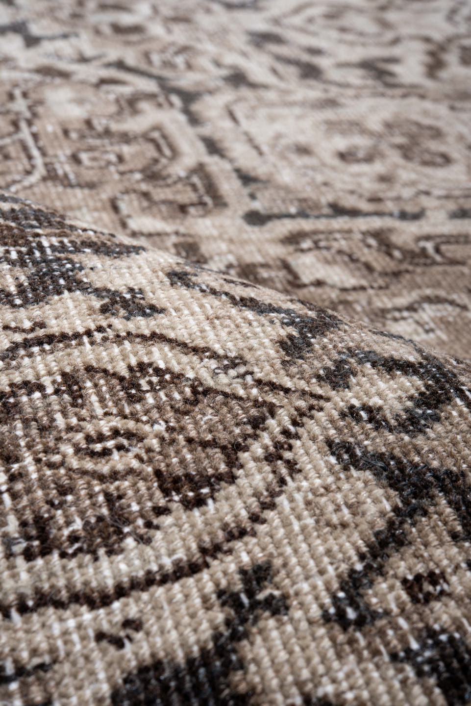 6' x 9' one-of-a-kind handmade antique Heriz medium size rug. Color palette: taupe, ivory, charcoal, brown, beige, gray