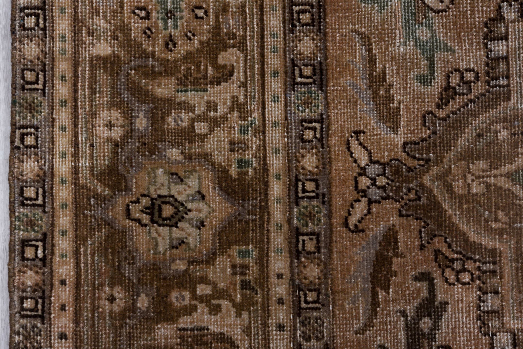 6' x 9' one-of-a-kind handmade antique Heriz medium size rug. Color palette: taupe, beige, brown, ivory, pale blue, charcoal