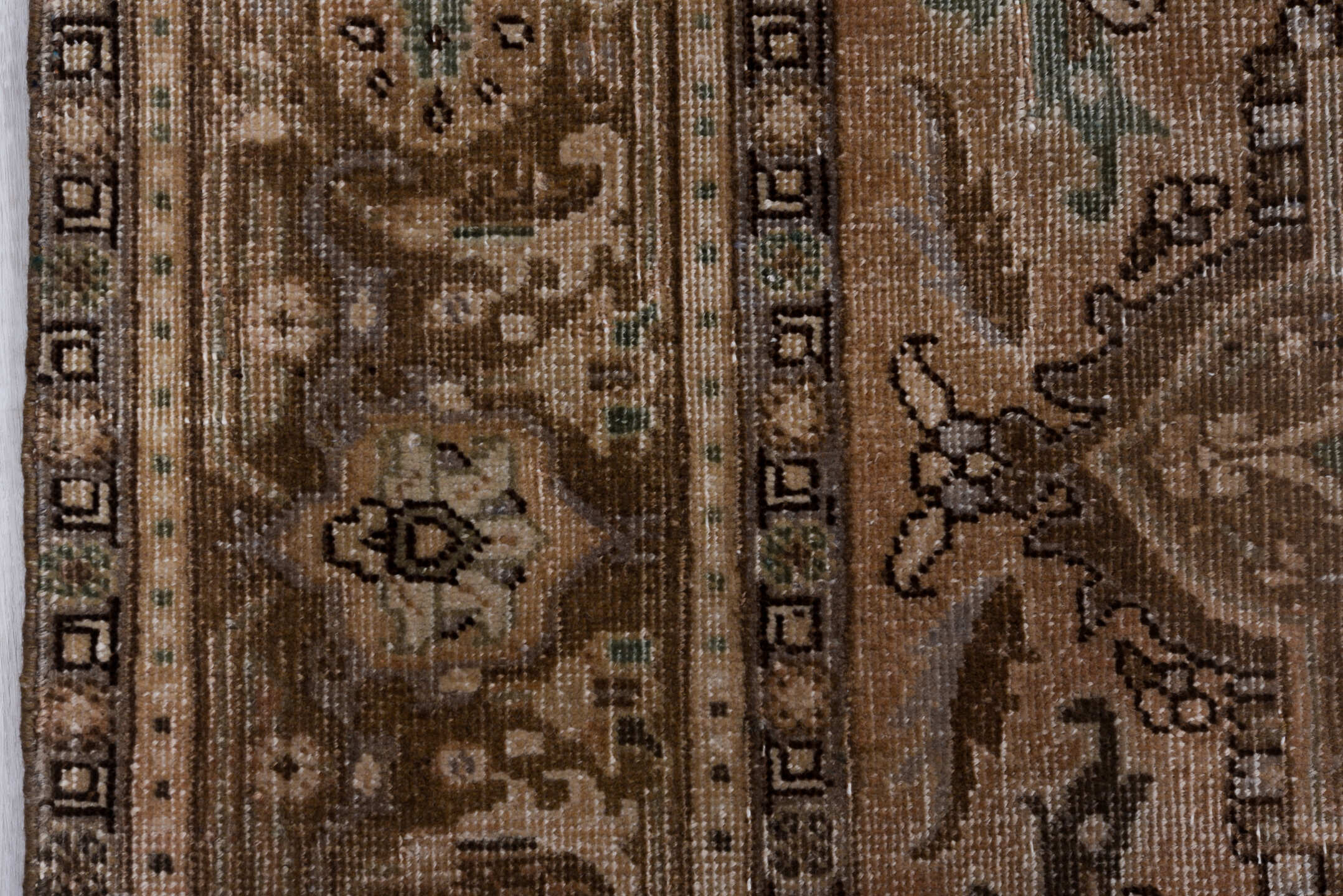 6' x 9' one-of-a-kind handmade antique Heriz medium size rug. Color palette: taupe, beige, brown, ivory, pale blue, charcoal