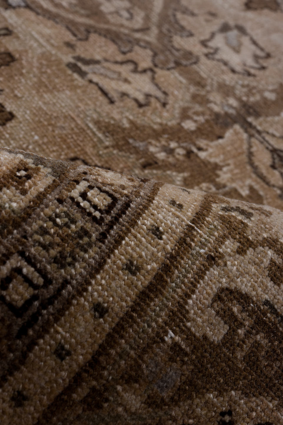 6' x 9' one-of-a-kind handmade antique Heriz medium size rug. Color palette: taupe, beige, brown, ivory, pale blue, charcoal
