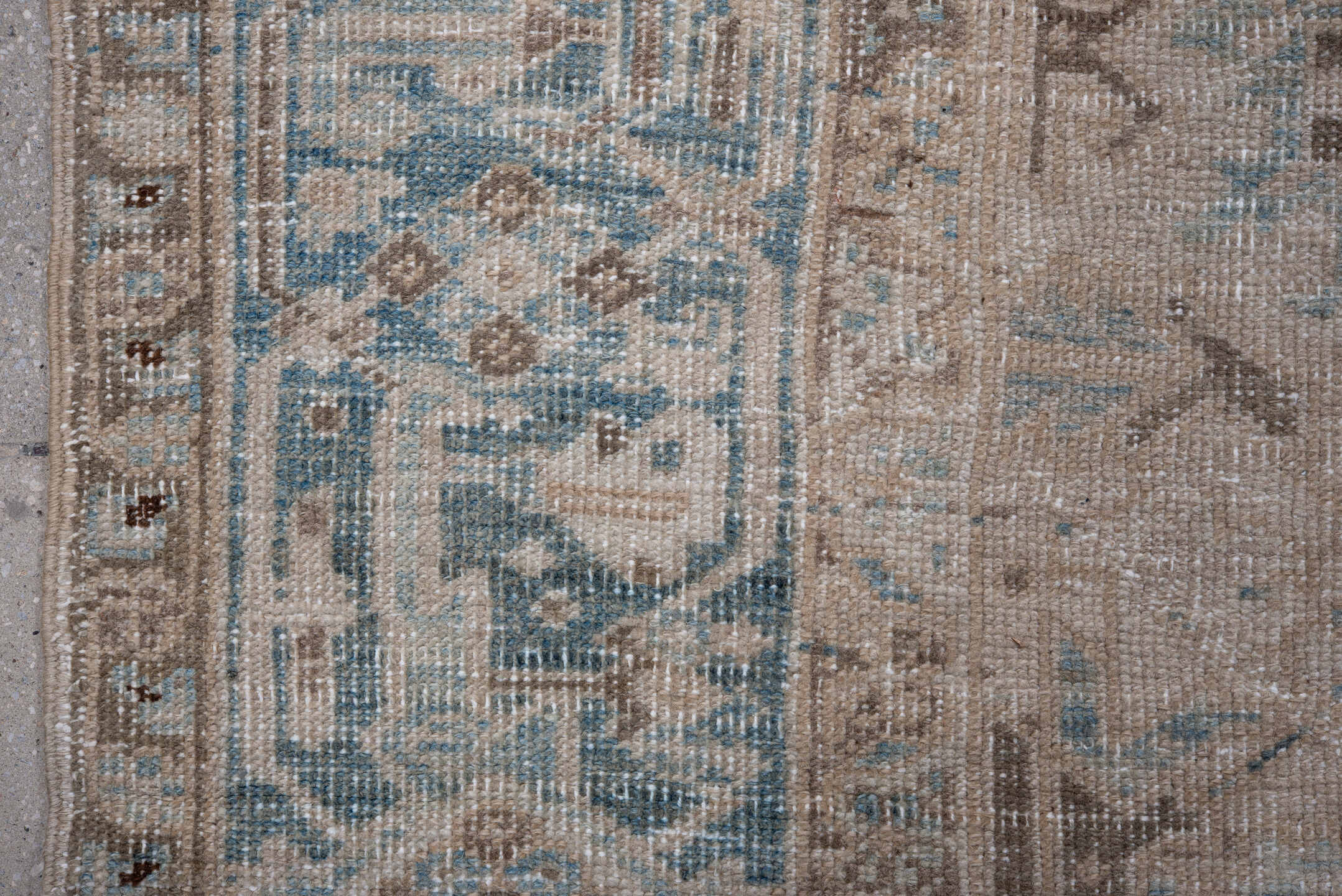 7' x 10' one-of-a-kind handmade antique Heriz large size rug. Color palette: ivory, sky blue, taupe, beige, camel, brown