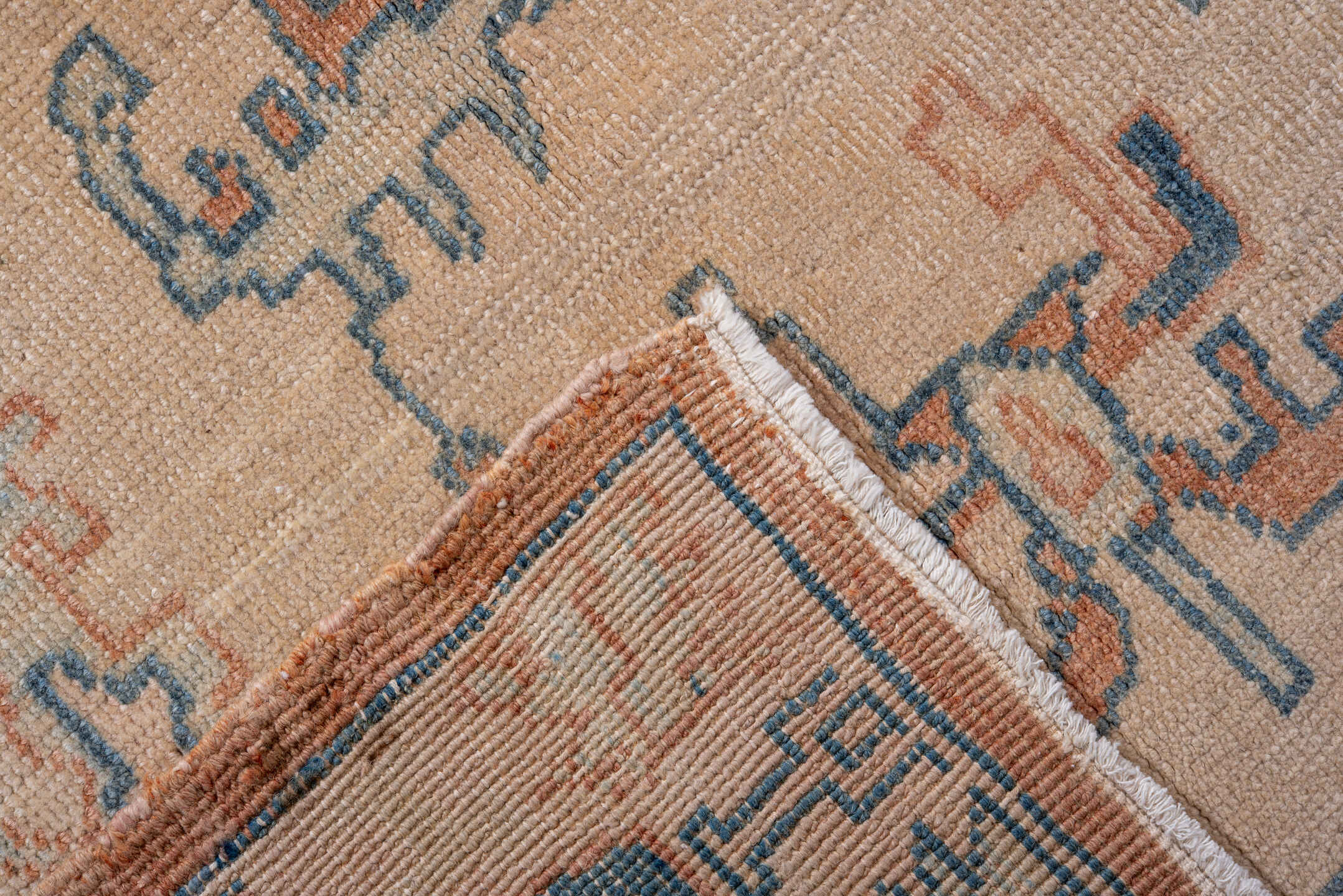 7' x 10' one-of-a-kind handmade antique Oushak large size rug. Color palette: ivory, peach, denim, sky blue, terra cotta