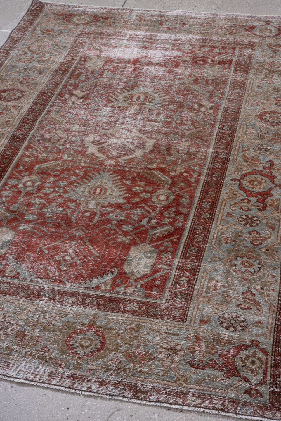4' x 6' one-of-a-kind handmade antique Malayer small size rug. Color palette: rust, ivory, pale blue, taupe, brick, sage
