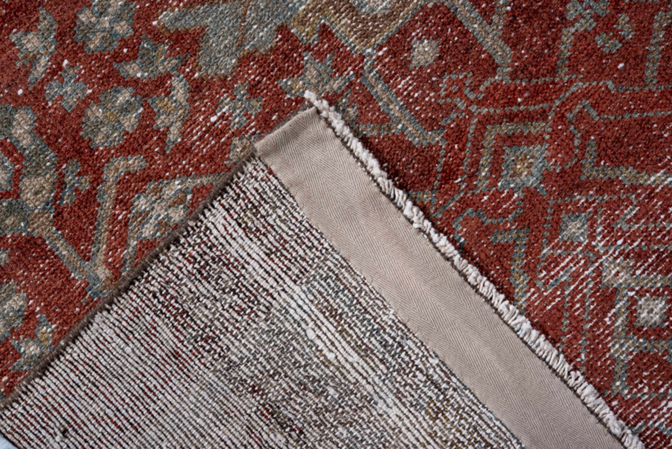 4' x 6' one-of-a-kind handmade antique Malayer small size rug. Color palette: rust, ivory, pale blue, taupe, brick, sage
