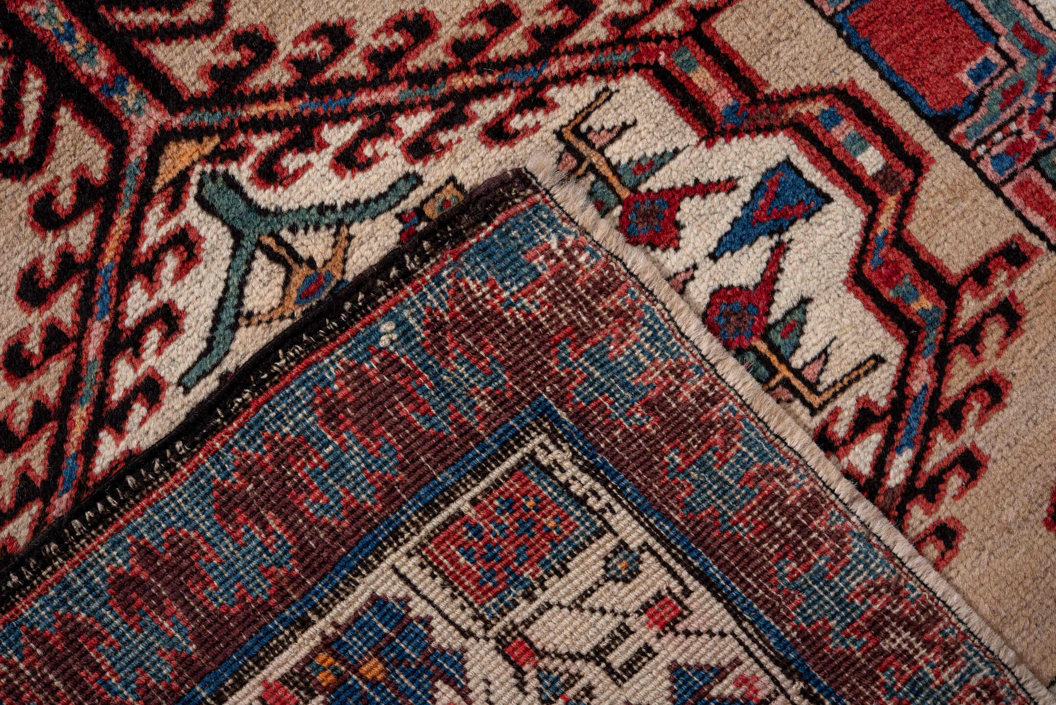 3' x 15' one-of-a-kind handmade antique Sarab runner rug. Color palette: ivory, rust, indigo, crimson, navy, camel, blue
