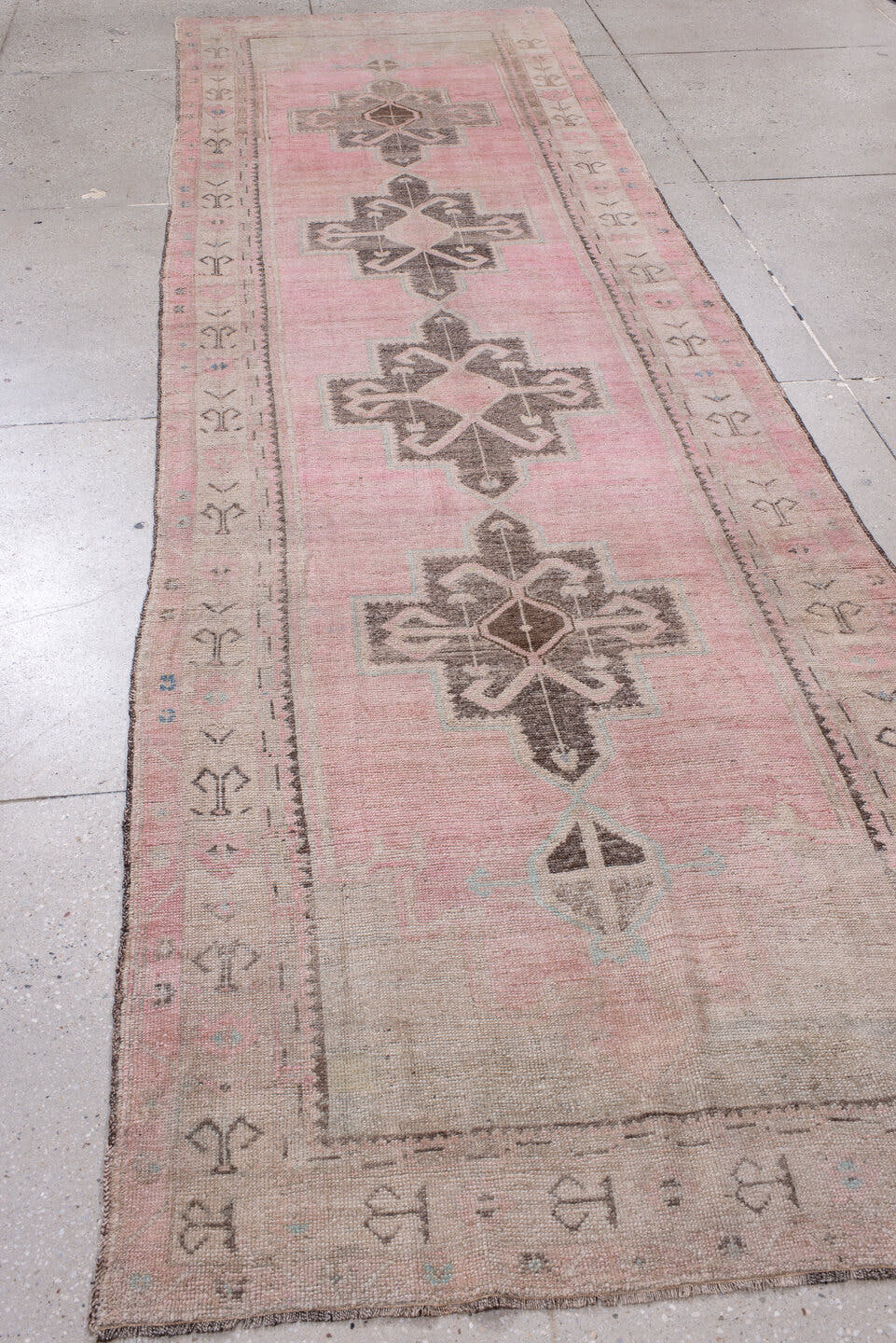 4' x 13' one-of-a-kind handmade antique Oushak runner rug. Color palette: blush, ivory, taupe, charcoal, rose, pale blue