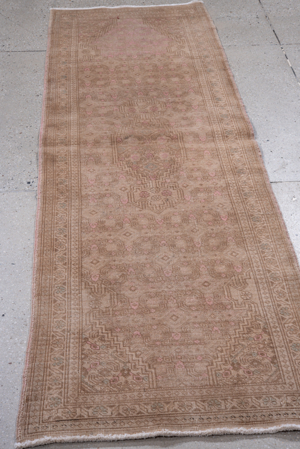 2' x 7' one-of-a-kind handmade vintage Sarab runner rug. Color palette: brown, pink, rosy brown