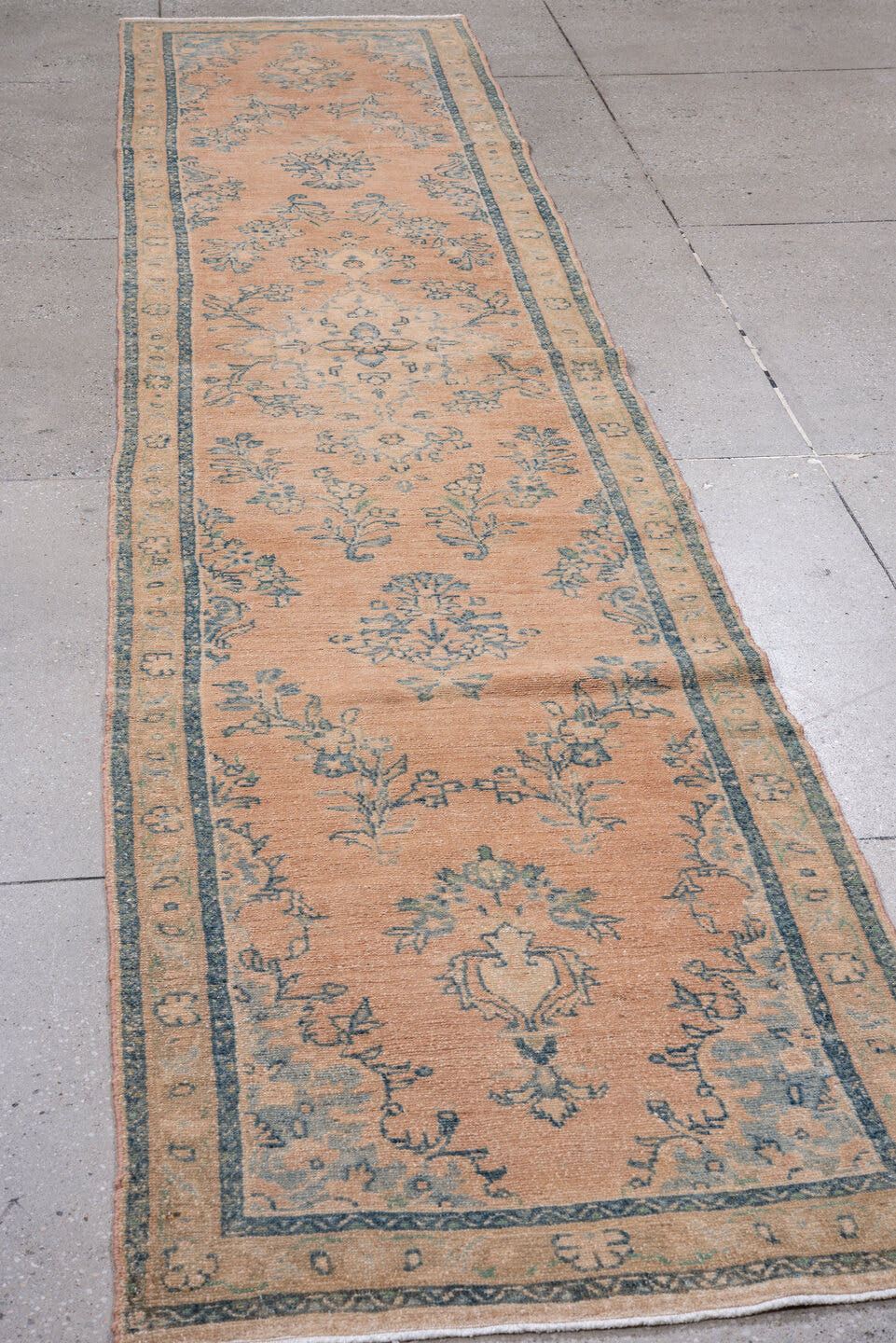 2' x 13' one-of-a-kind handmade antique Dargazin runner rug. Color palette: peach, pale blue, ivory, beige, taupe