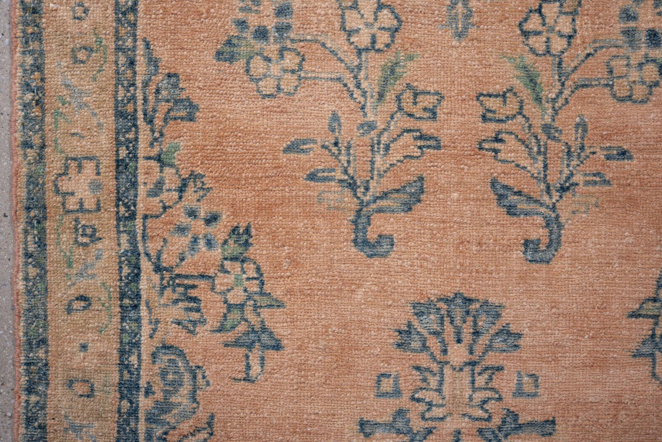 2' x 13' one-of-a-kind handmade antique Dargazin runner rug. Color palette: peach, pale blue, ivory, beige, taupe