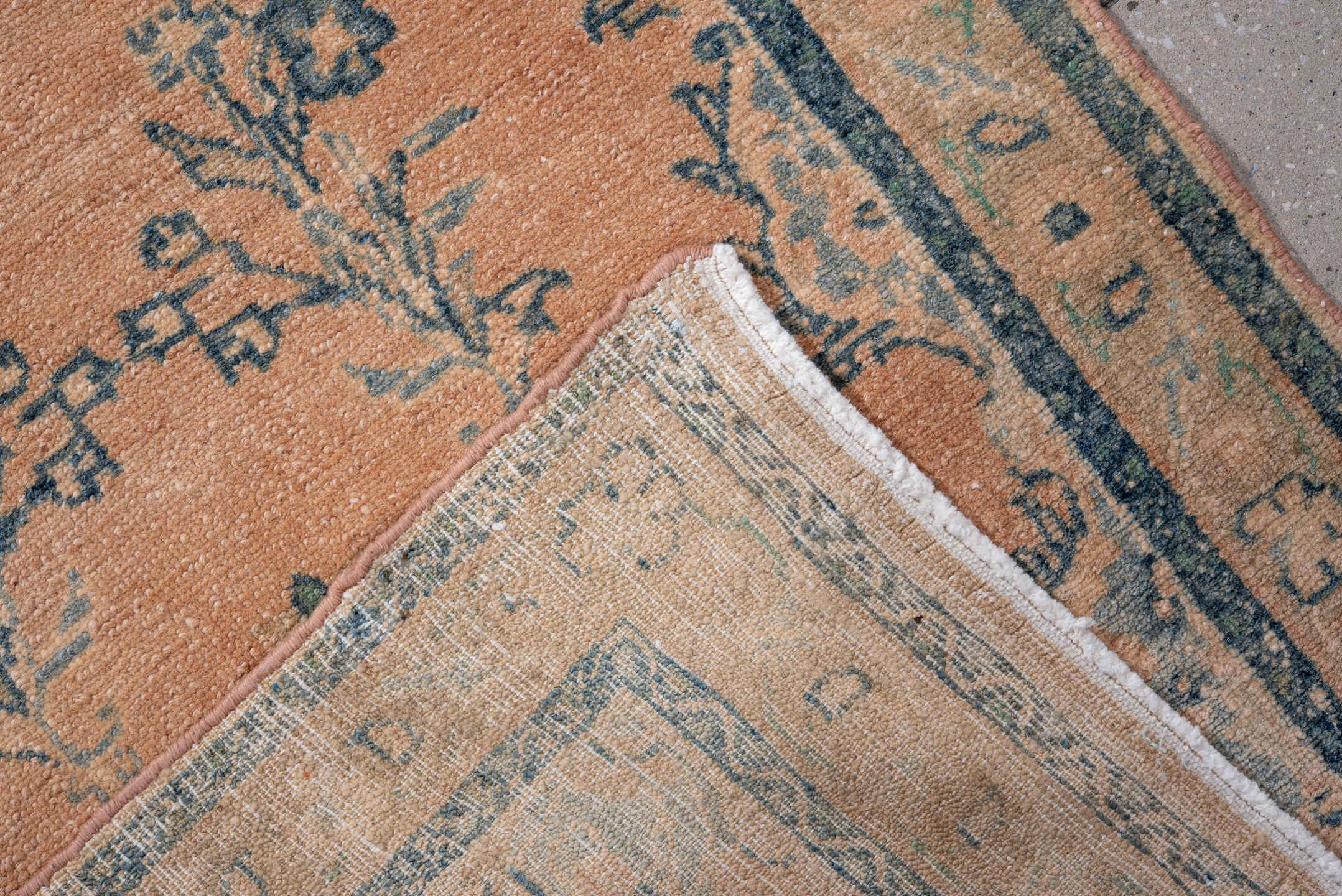 2' x 13' one-of-a-kind handmade antique Dargazin runner rug. Color palette: peach, pale blue, ivory, beige, taupe