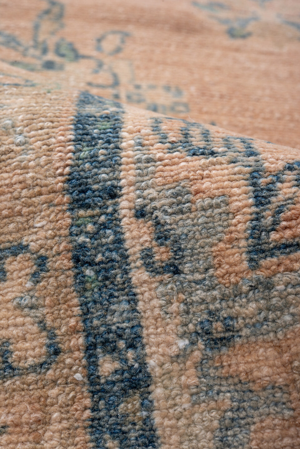 2' x 13' one-of-a-kind handmade vintage Dargazin runner rug. Color palette: brown, gray, orange, off-white, blue, black