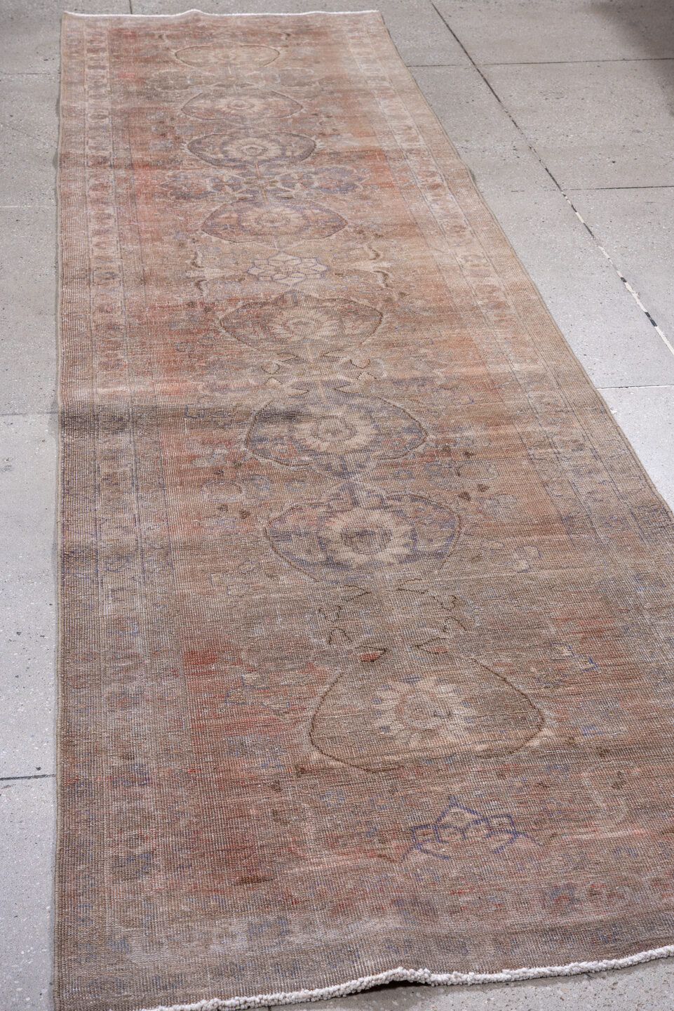 3' x 12' one-of-a-kind handmade vintage Sarab runner rug. Color palette: brown, gray, light gray, off-white, pink, snow
