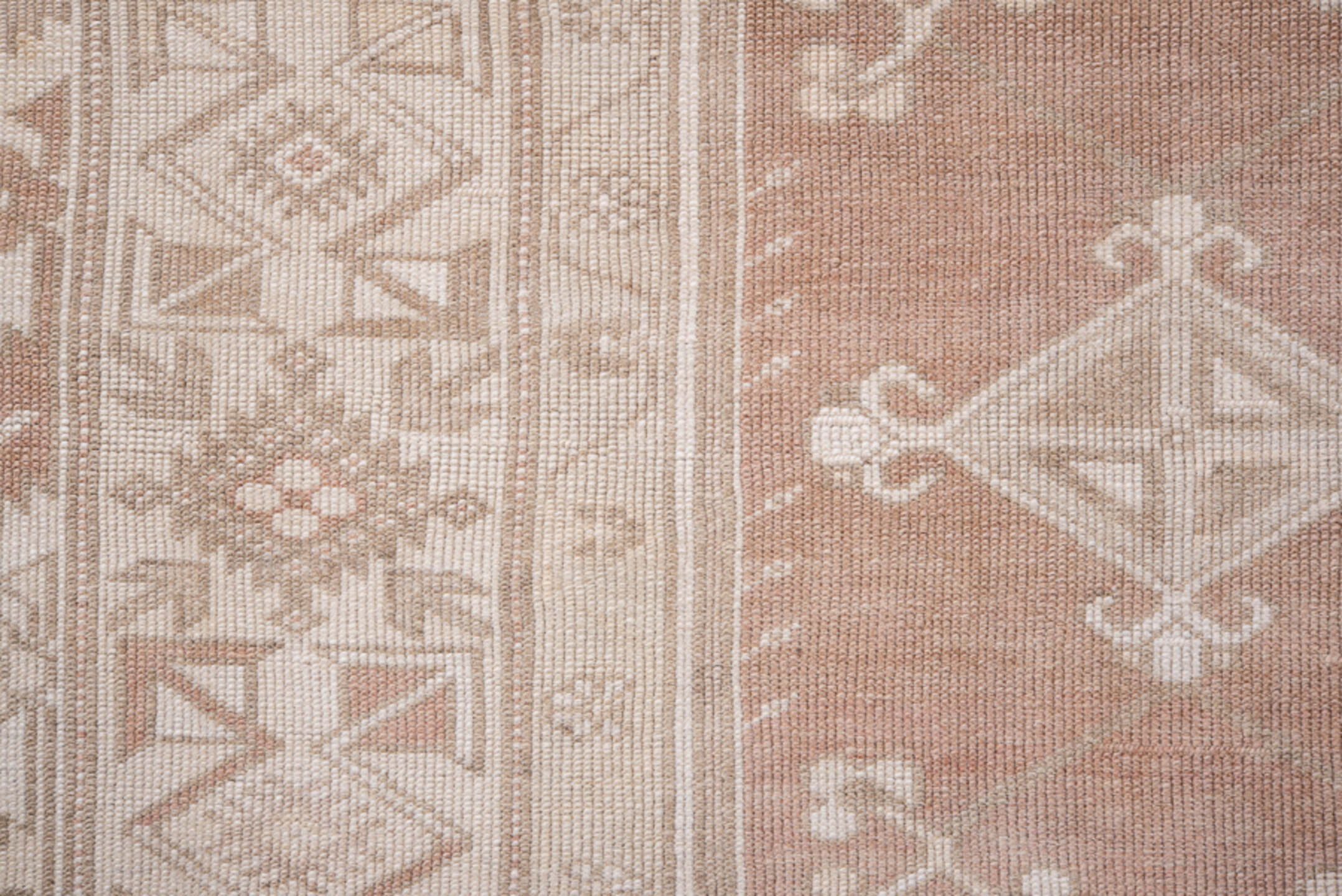 3' x 7' one-of-a-kind handmade vintage Oushak rug. Color palette: blush, ivory, taupe, camel, pink, beige, gray