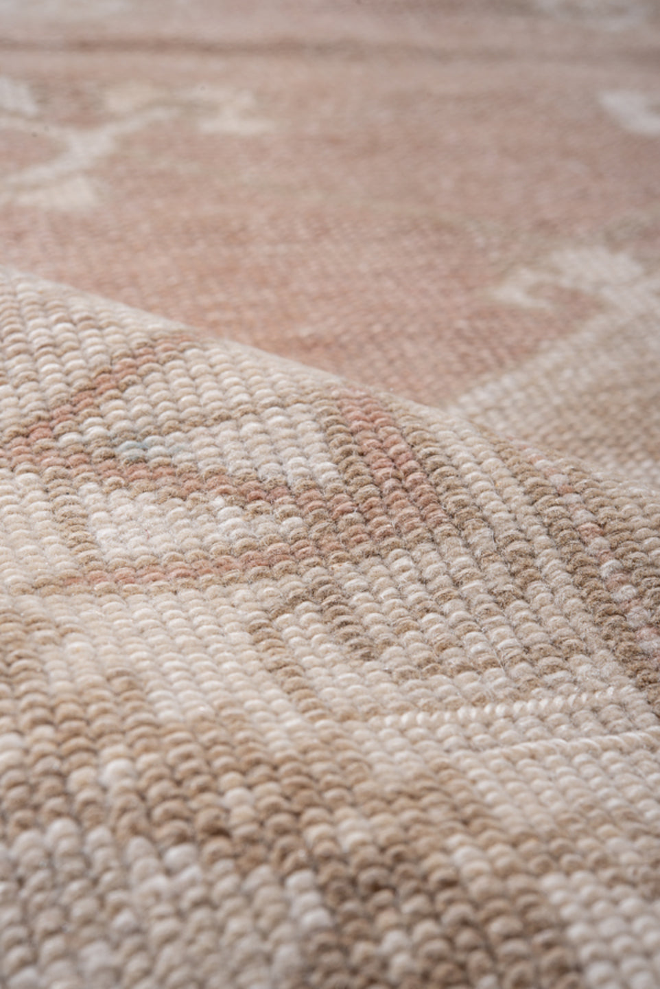 3' x 7' one-of-a-kind handmade vintage Oushak rug. Color palette: blush, ivory, taupe, camel, pink, beige, gray