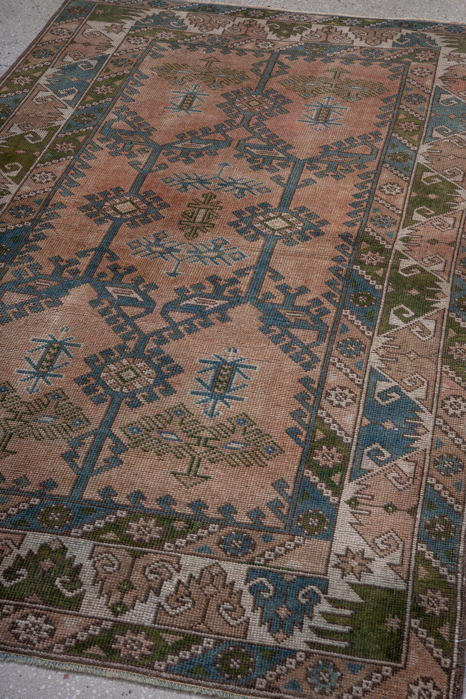 4' x 6' one-of-a-kind handmade antique Oushak small size rug. Color palette: blush, teal, taupe, olive, ivory, brown, pink