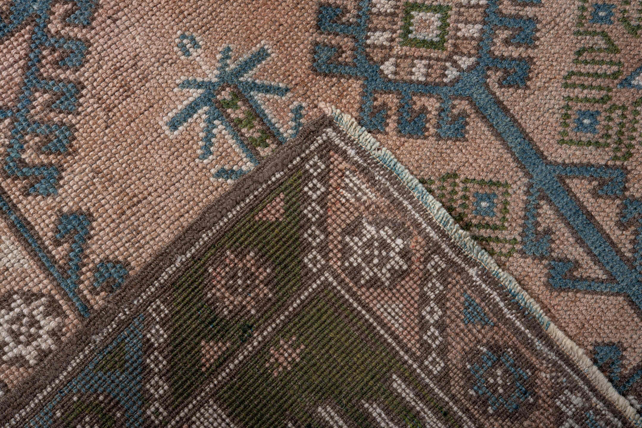 4' x 6' one-of-a-kind handmade antique Oushak small size rug. Color palette: blush, teal, taupe, olive, ivory, brown, pink