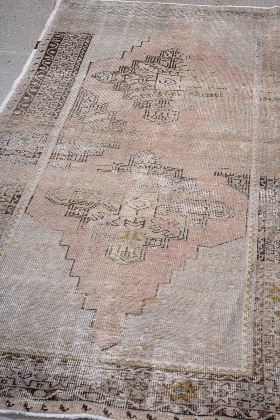 3' x 7' one-of-a-kind handmade vintage Oushak runner rug. Color palette: black, gray, light gray, off-white, pink, silver