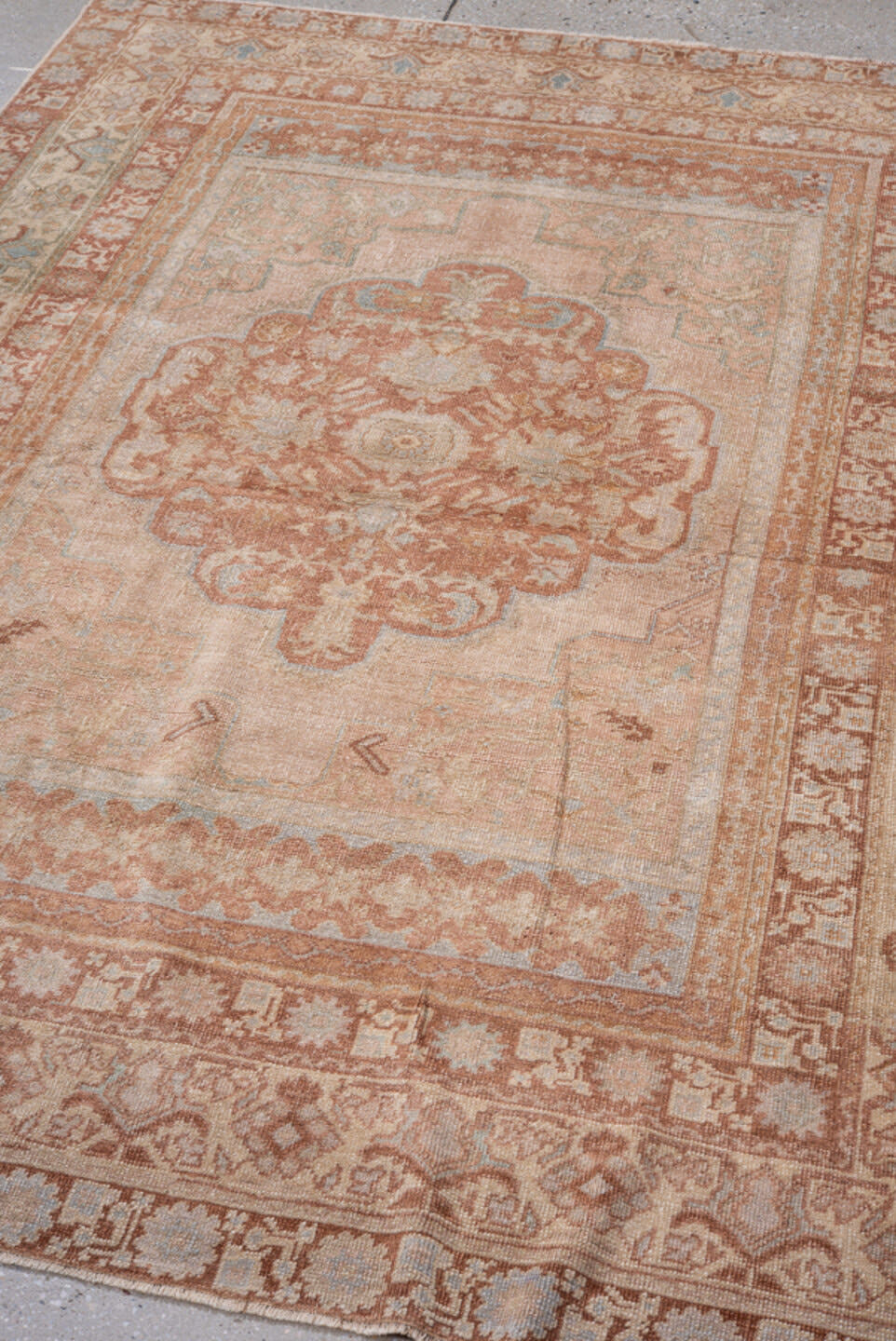 4' x 6' one-of-a-kind handmade antique Oushak small size rug. Color palette: blush, terracotta, ivory, pale blue, taupe