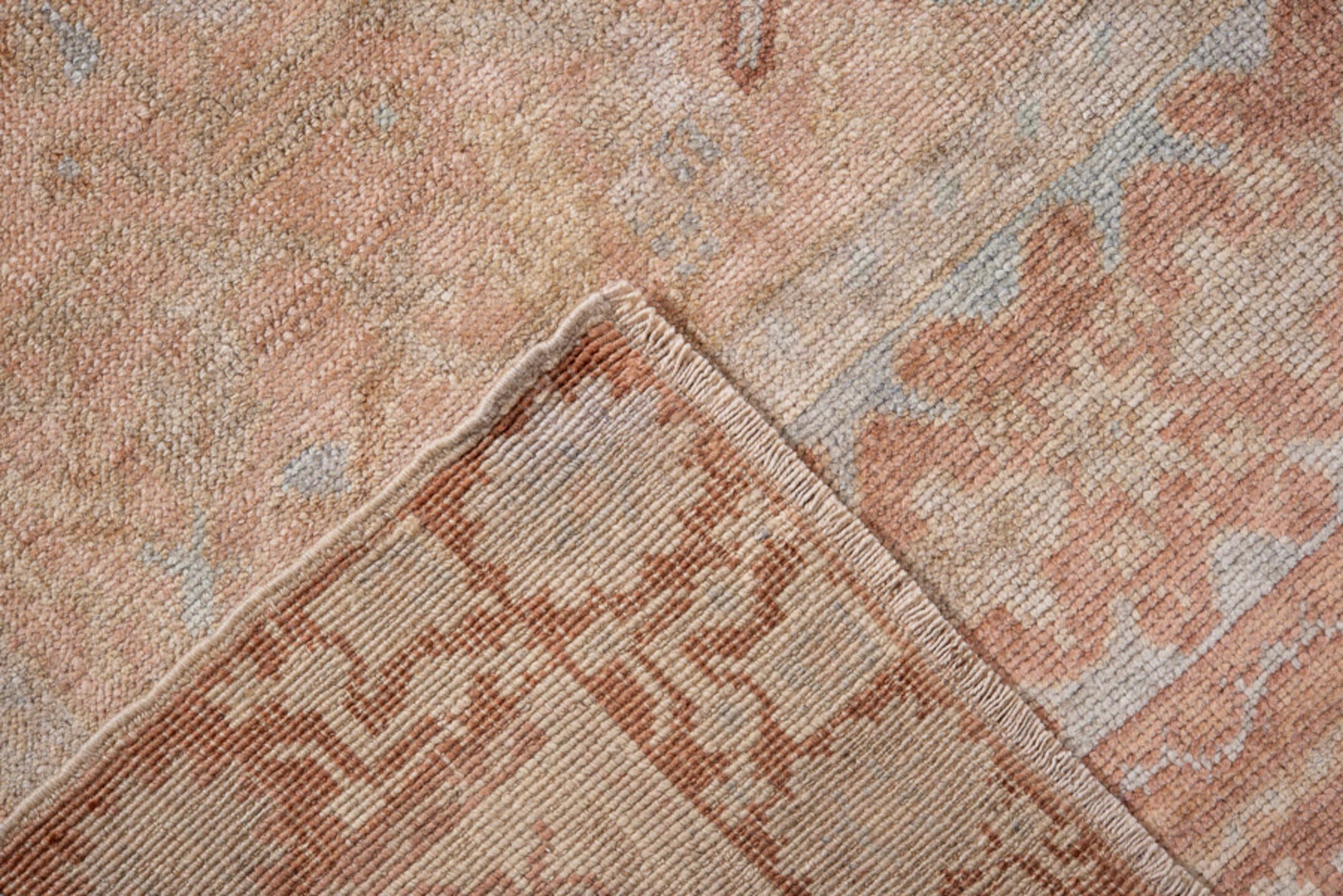 4' x 6' one-of-a-kind handmade antique Oushak small size rug. Color palette: blush, terracotta, ivory, pale blue, taupe