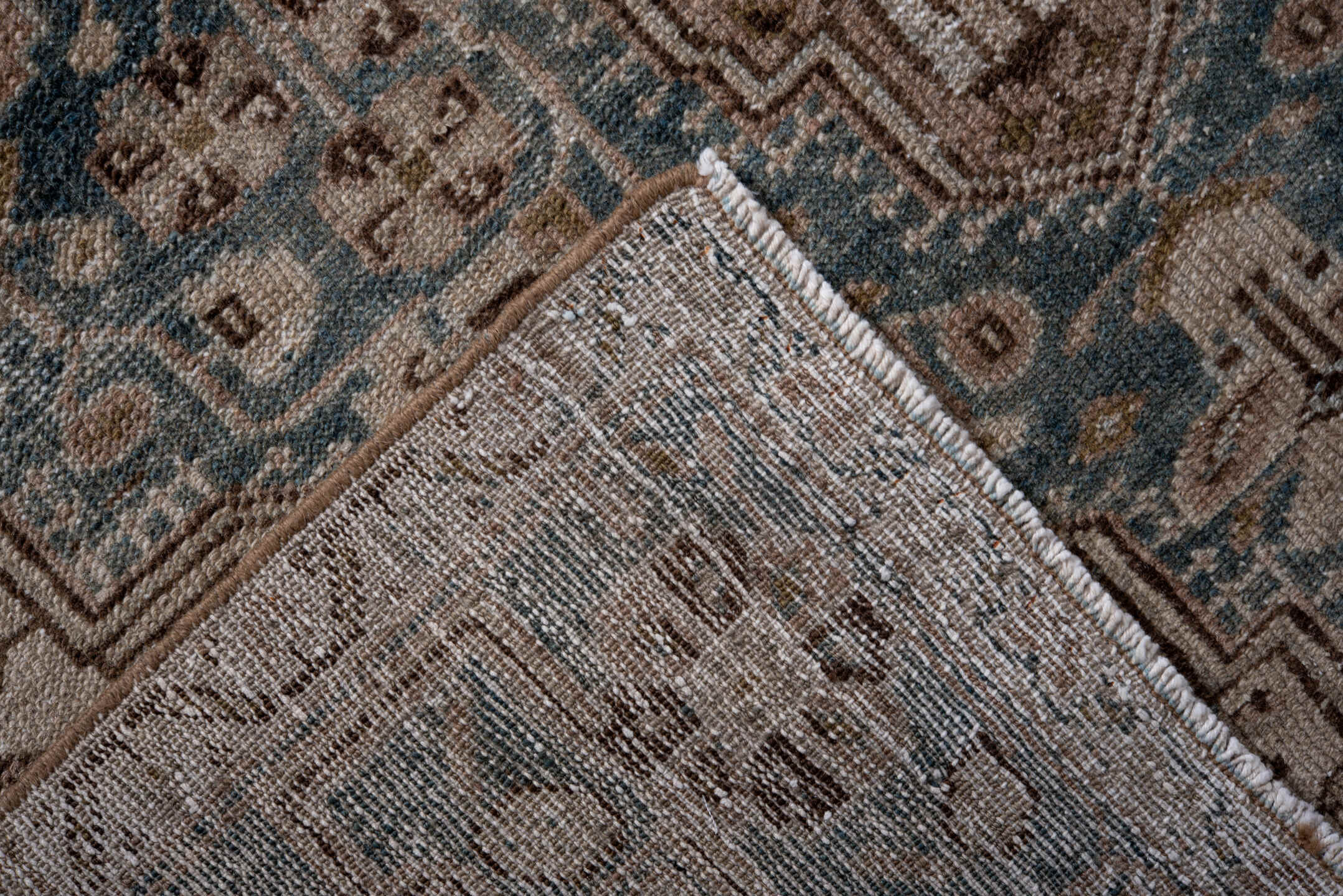 4' x 7' one-of-a-kind handmade antique Hamadan rug. Color palette: aqua, ivory, taupe, brown, charcoal, beige, teal, gray