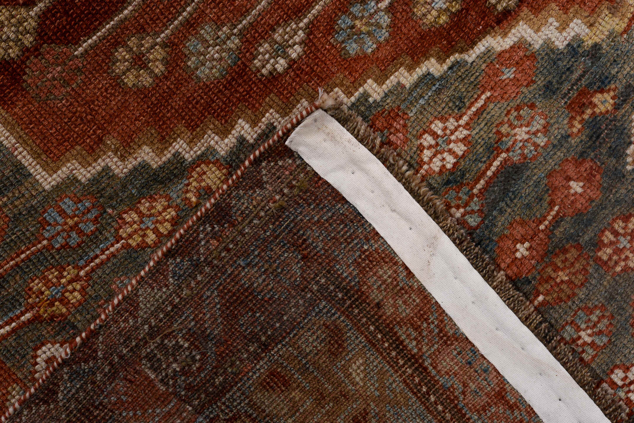 4' x 6' one-of-a-kind handmade antique Baktiary small size rug. Color palette: rust, ivory, sky blue, charcoal, brick, taupe