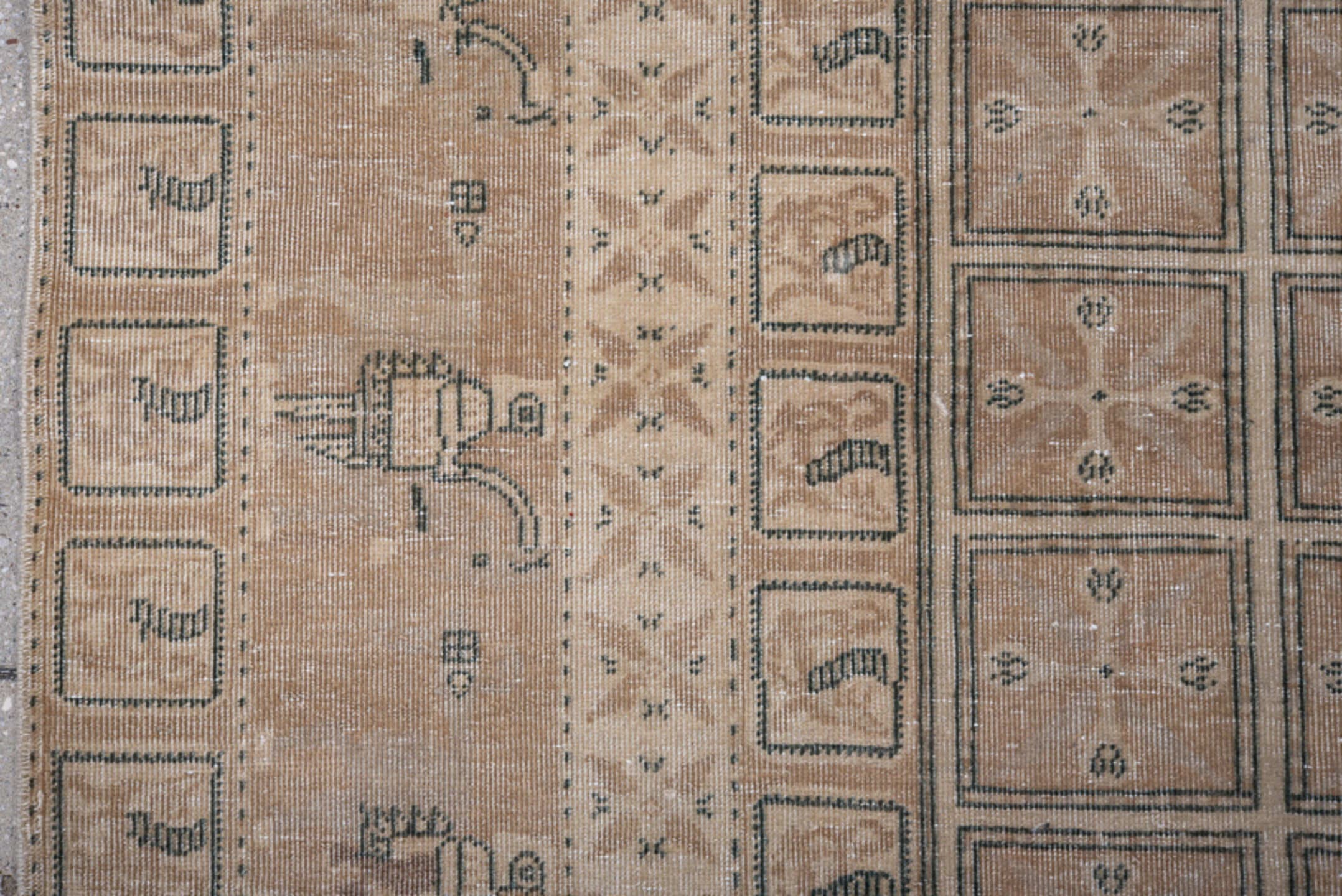 3' x 8' one-of-a-kind handmade antique Sivas runner rug. Color palette: camel, ivory, taupe, sage, brown, charcoal, beige