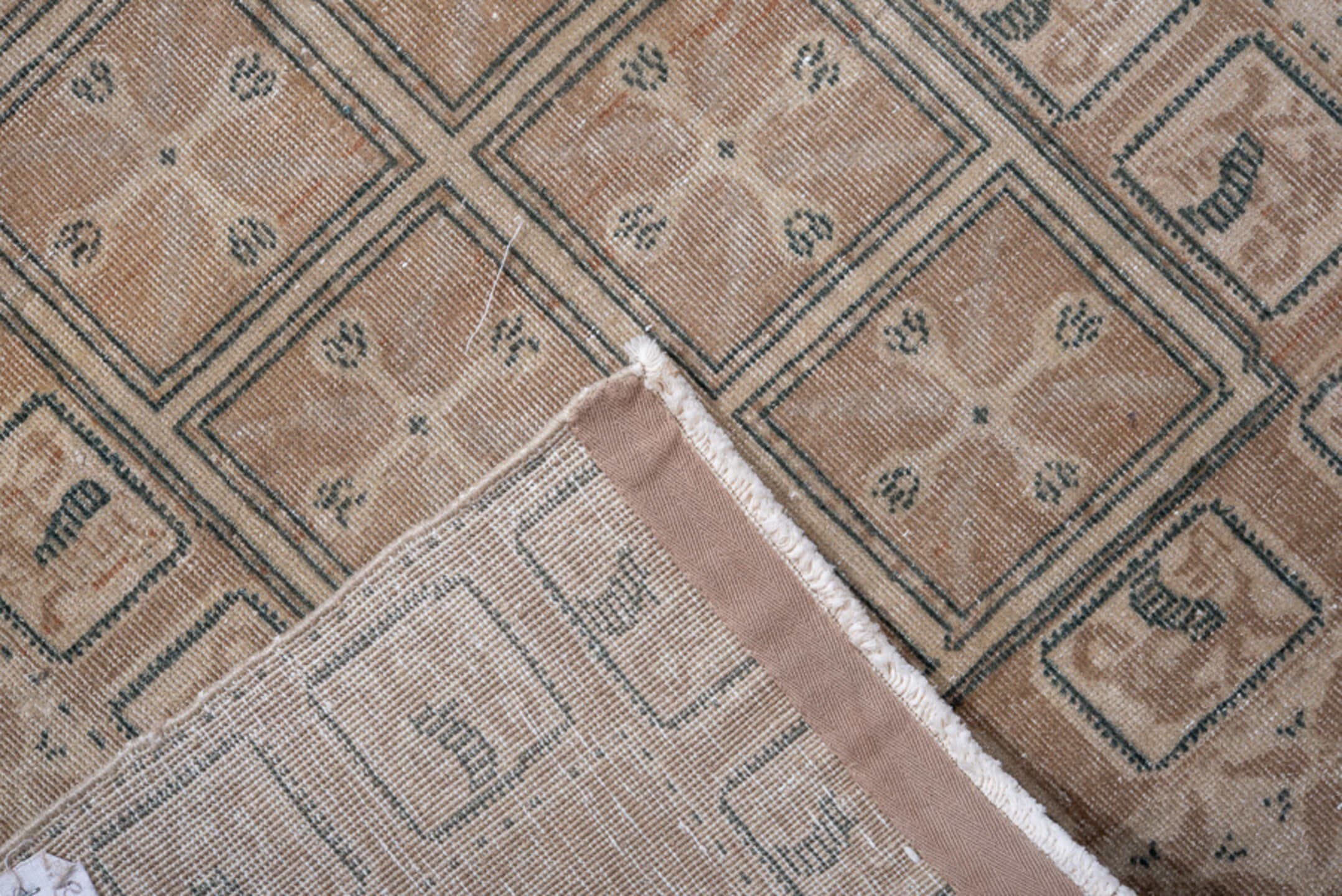 3' x 8' one-of-a-kind handmade antique Sivas runner rug. Color palette: camel, ivory, taupe, sage, brown, charcoal, beige