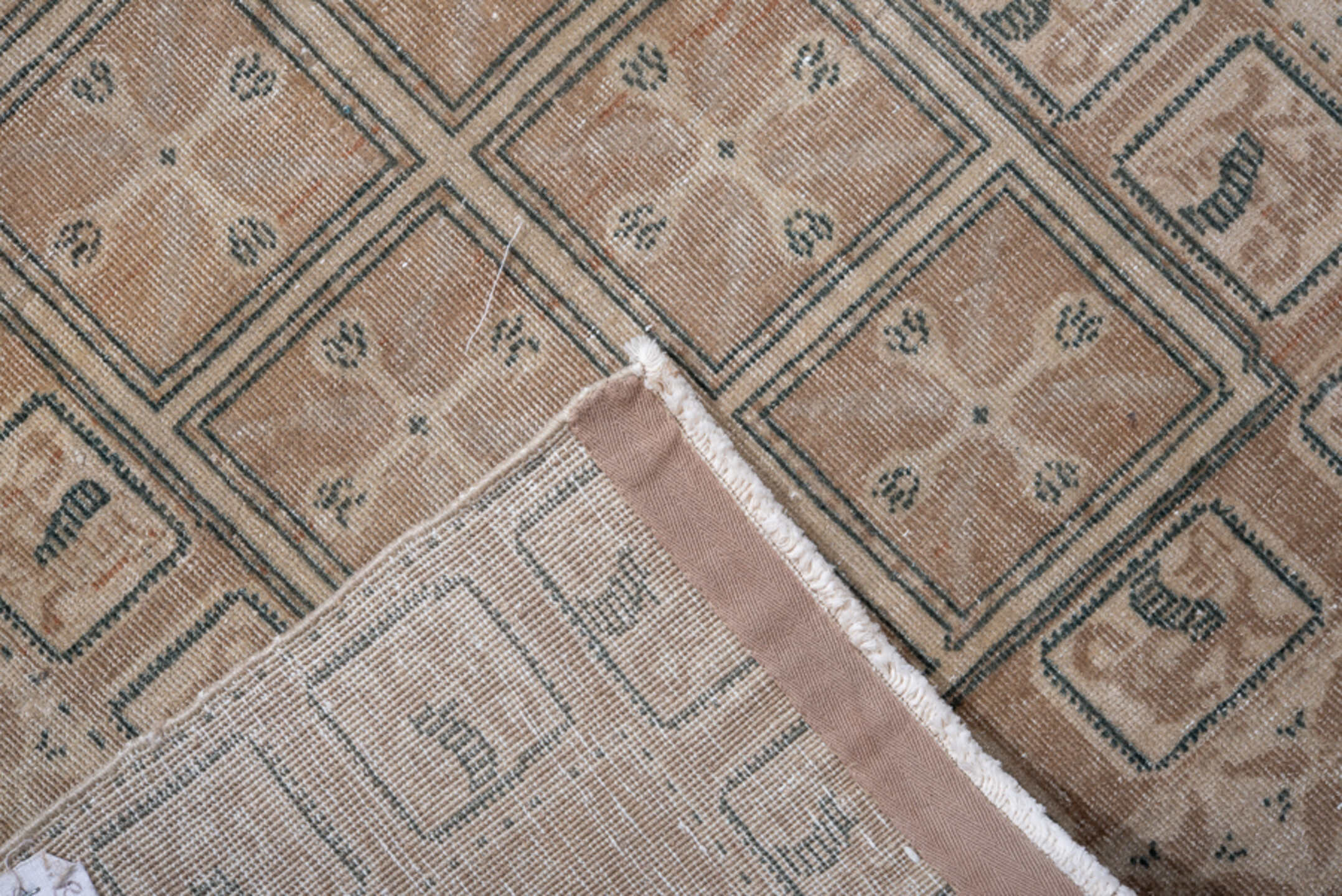 3' x 8' one-of-a-kind handmade antique Sivas runner rug. Color palette: camel, ivory, taupe, sage, brown, charcoal, beige
