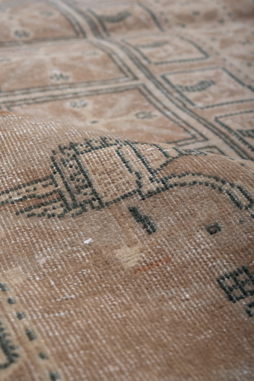 3' x 8' one-of-a-kind handmade antique Sivas runner rug. Color palette: camel, ivory, taupe, sage, brown, charcoal, beige