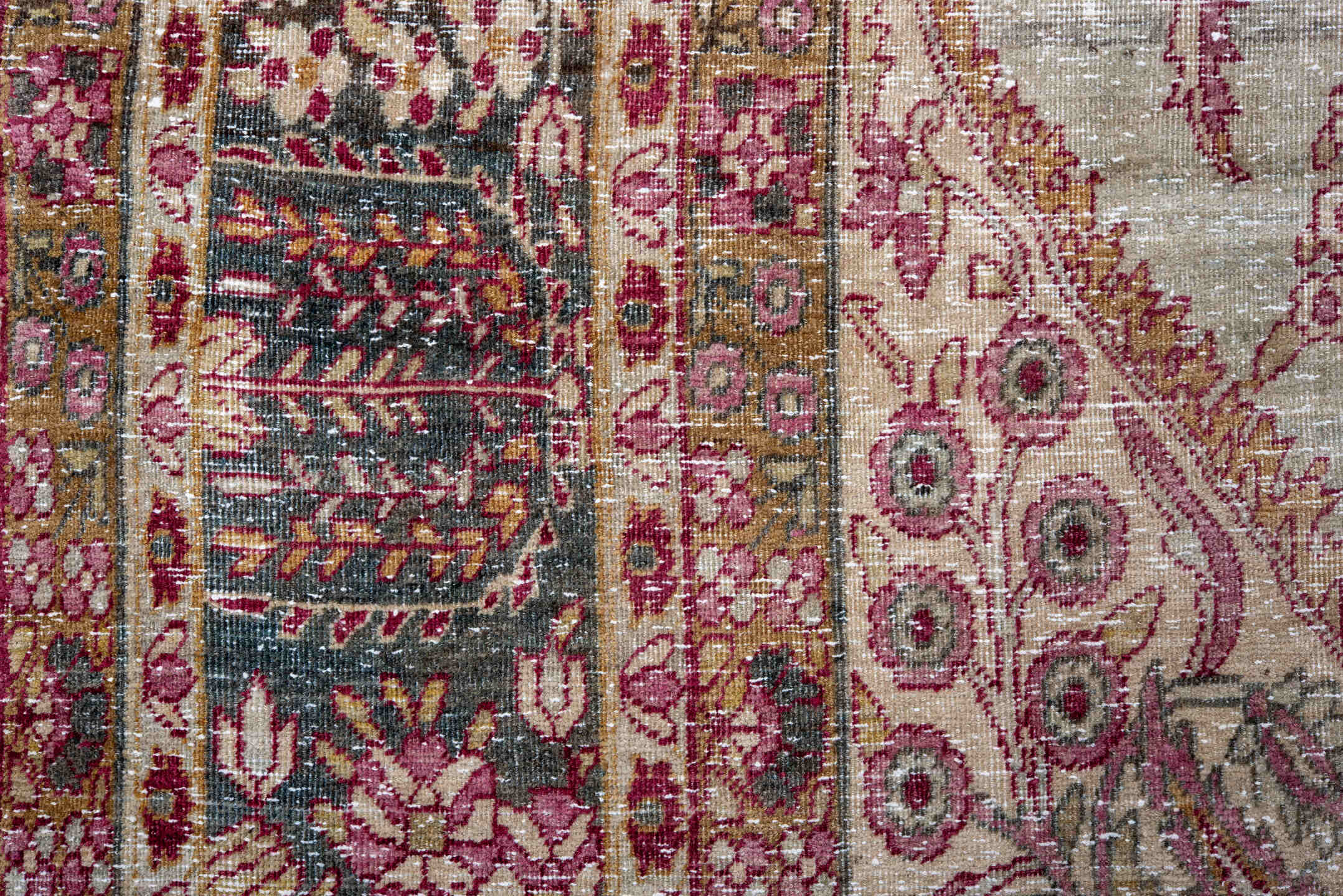 9' x 14' one-of-a-kind handmade antique Lavar large size rug. Color palette: ivory, rose, mauve, taupe, charcoal, blush