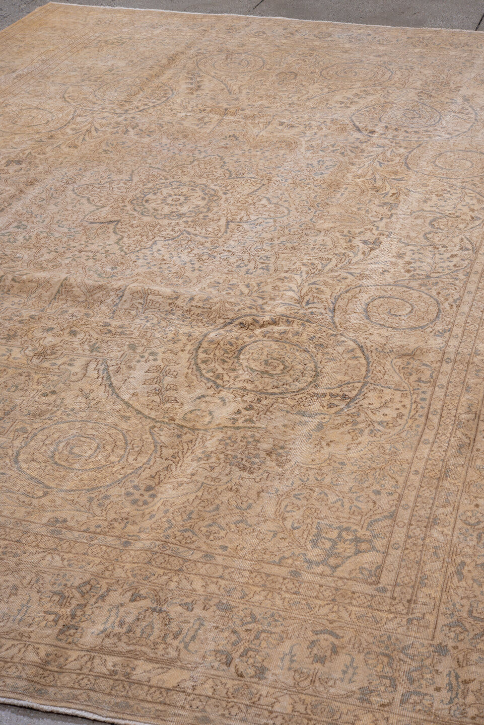 8' x 11' one-of-a-kind handmade antique Kaisary large size rug. Color palette: ivory, beige, taupe, pale blue, camel, sage