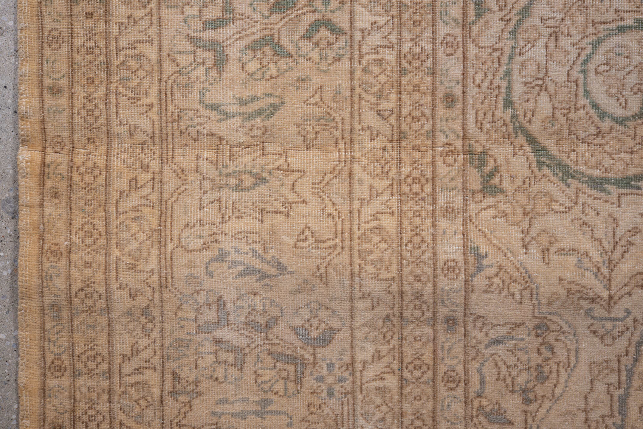 8' x 11' one-of-a-kind handmade antique Kaisary large size rug. Color palette: ivory, beige, taupe, pale blue, camel, sage