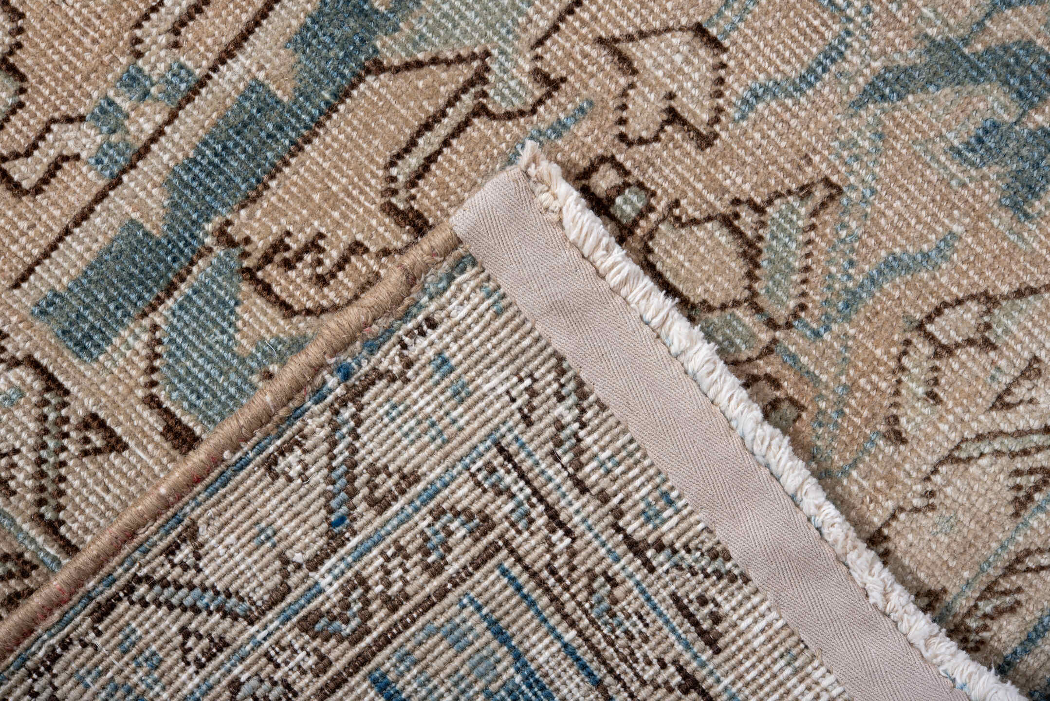 7' x 11' one-of-a-kind handmade antique Heriz large size rug. Color palette: ivory, sky blue, taupe, camel, brown