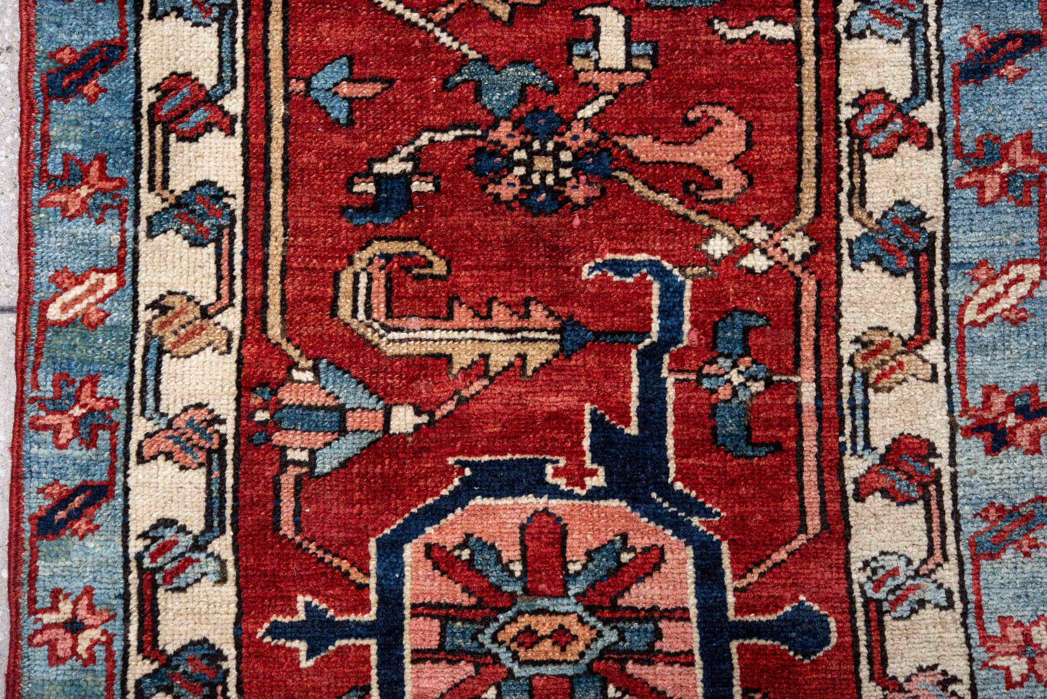 11' x 14' one-of-a-kind handmade vintage Serapi oversize rug. Color palette: brick red, navy, sky blue, ivory, coral, camel