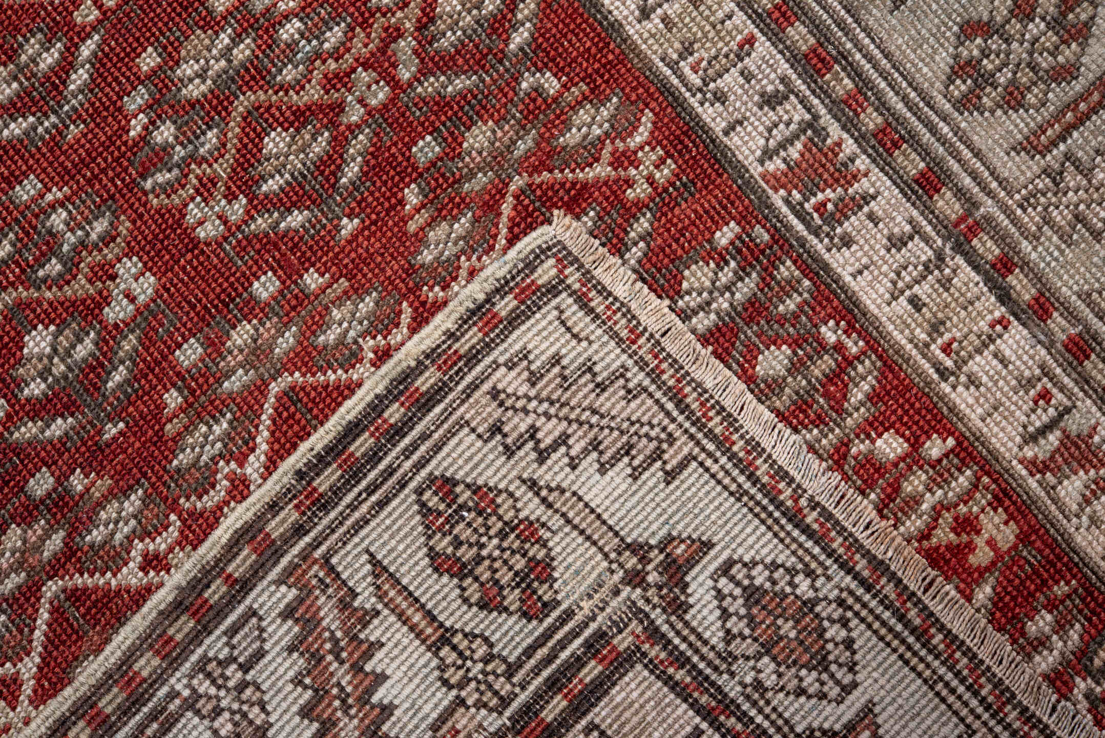 2' x 14' one-of-a-kind handmade antique Caucasian runner rug. Color palette: rust, ivory, crimson, brown, charcoal