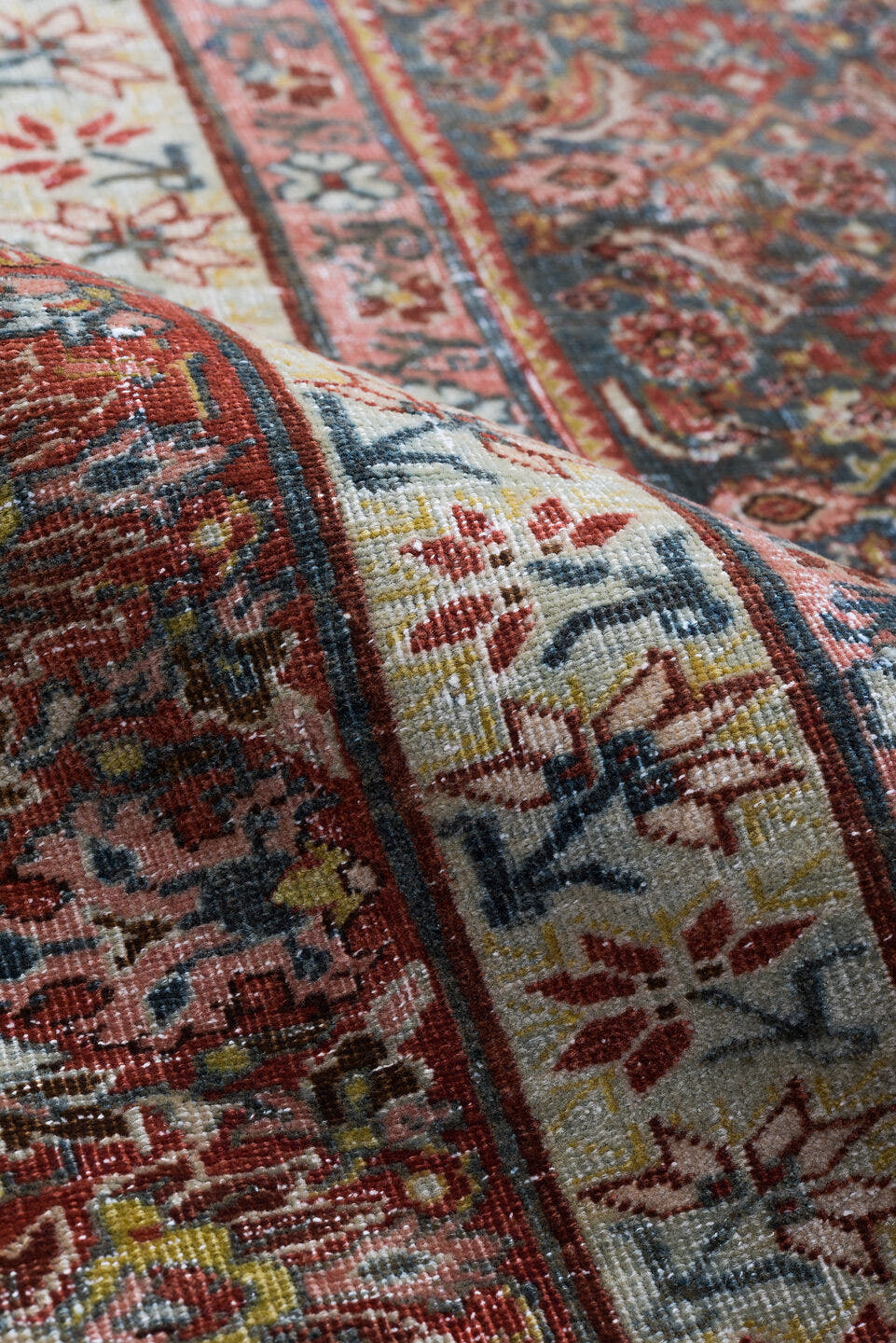 7' x 12' one-of-a-kind handmade vintage Bidjar large size rug. Color palette: rust, navy, ivory, rose, slate, burgundy
