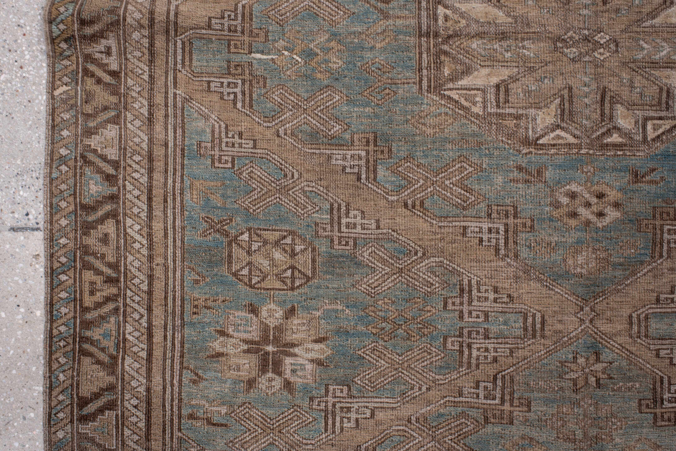 4' x 7' one-of-a-kind handmade vintage Sumak rug. Color palette: light blue, taupe, brown, ivory, camel, slate, beige, gray