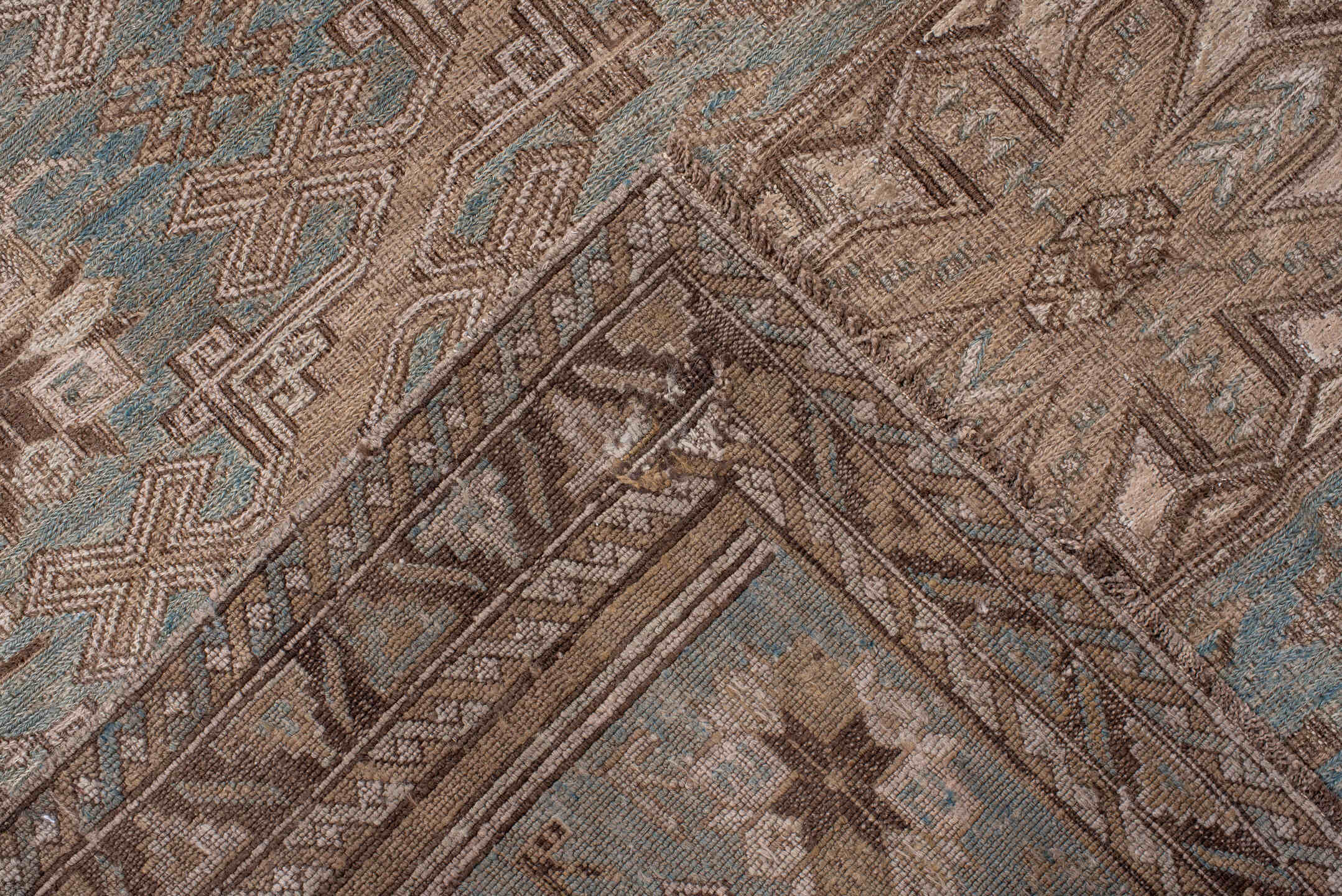4' x 7' one-of-a-kind handmade vintage Sumak rug. Color palette: light blue, taupe, brown, ivory, camel, slate, beige, gray