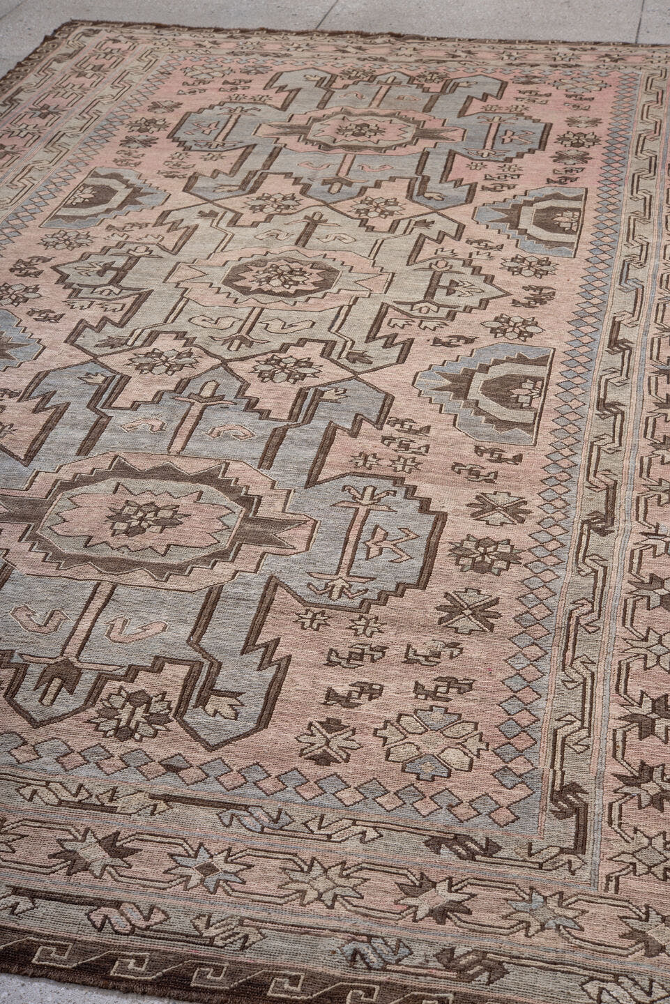 6' x 11' one-of-a-kind handmade vintage Sumak large size rug. Color palette: blush, ivory, brown, slate, taupe, charcoal