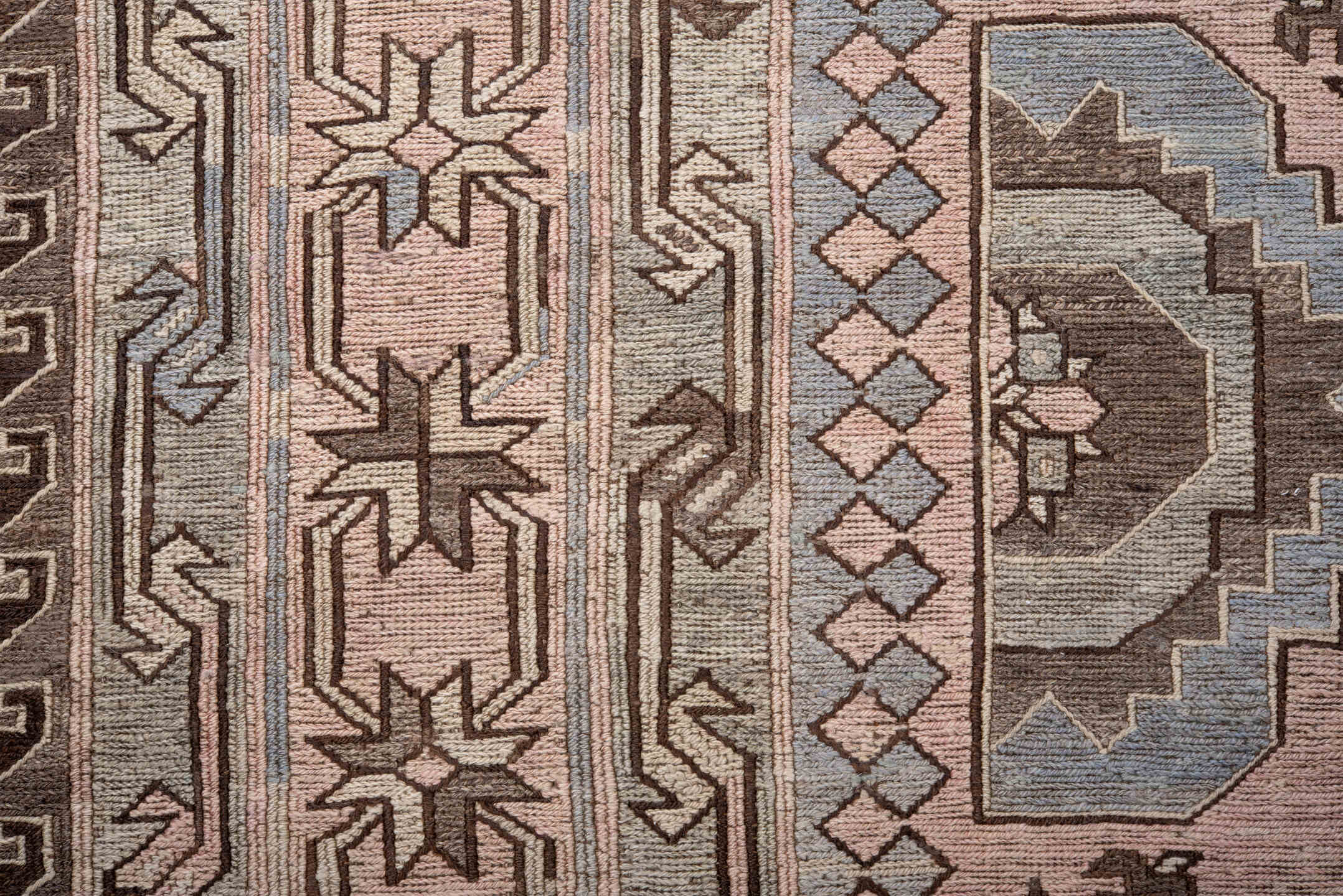 6' x 11' one-of-a-kind handmade vintage Sumak large size rug. Color palette: blush, ivory, brown, slate, taupe, charcoal