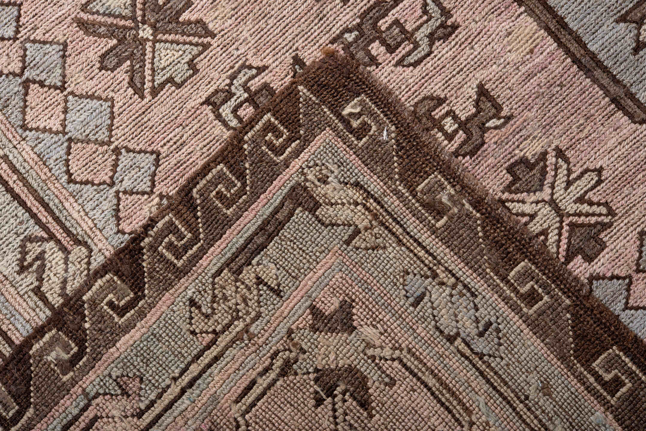 6' x 11' one-of-a-kind handmade vintage Sumak large size rug. Color palette: blush, ivory, brown, slate, taupe, charcoal