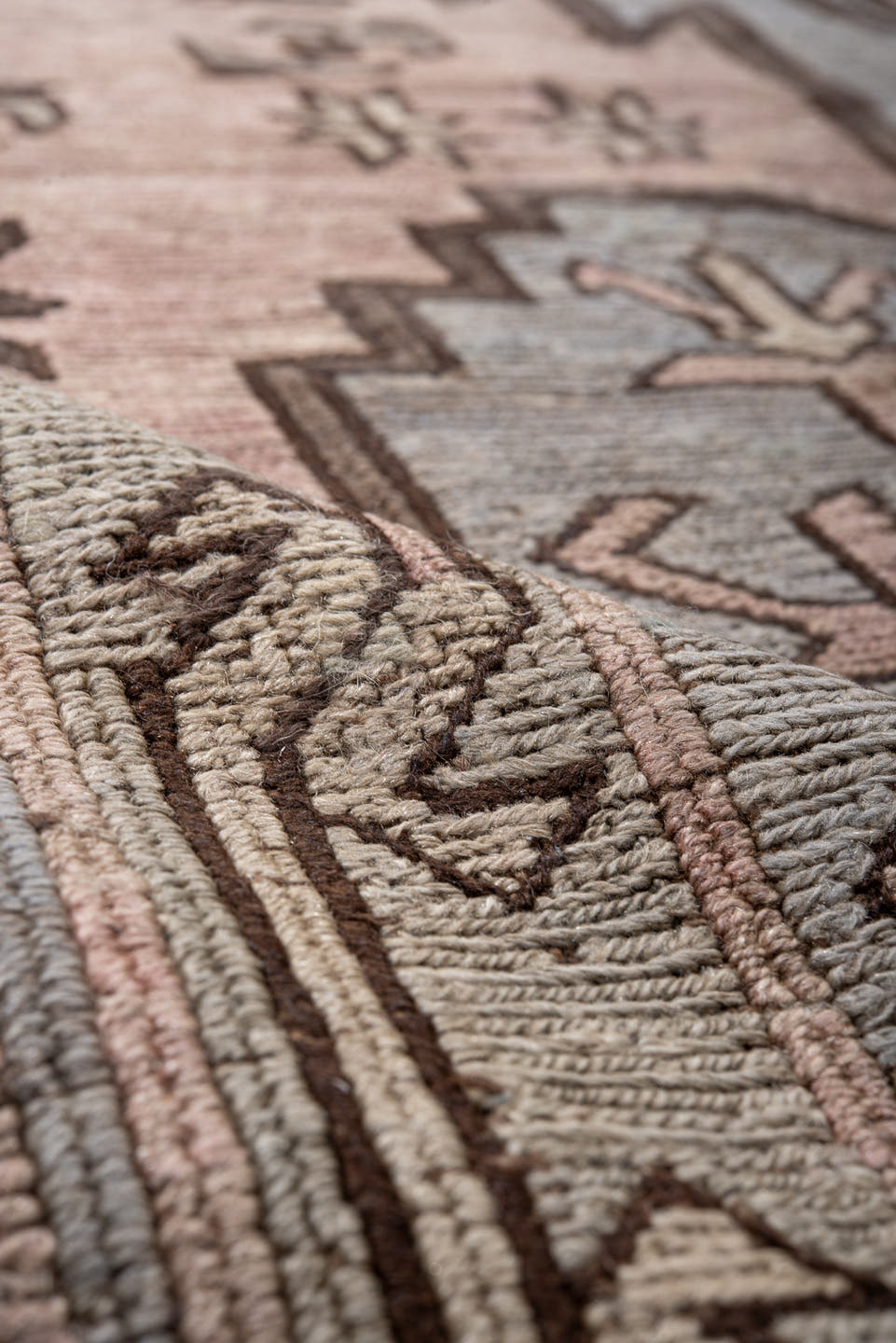 6' x 11' one-of-a-kind handmade vintage Sumak large size rug. Color palette: blush, ivory, brown, slate, taupe, charcoal