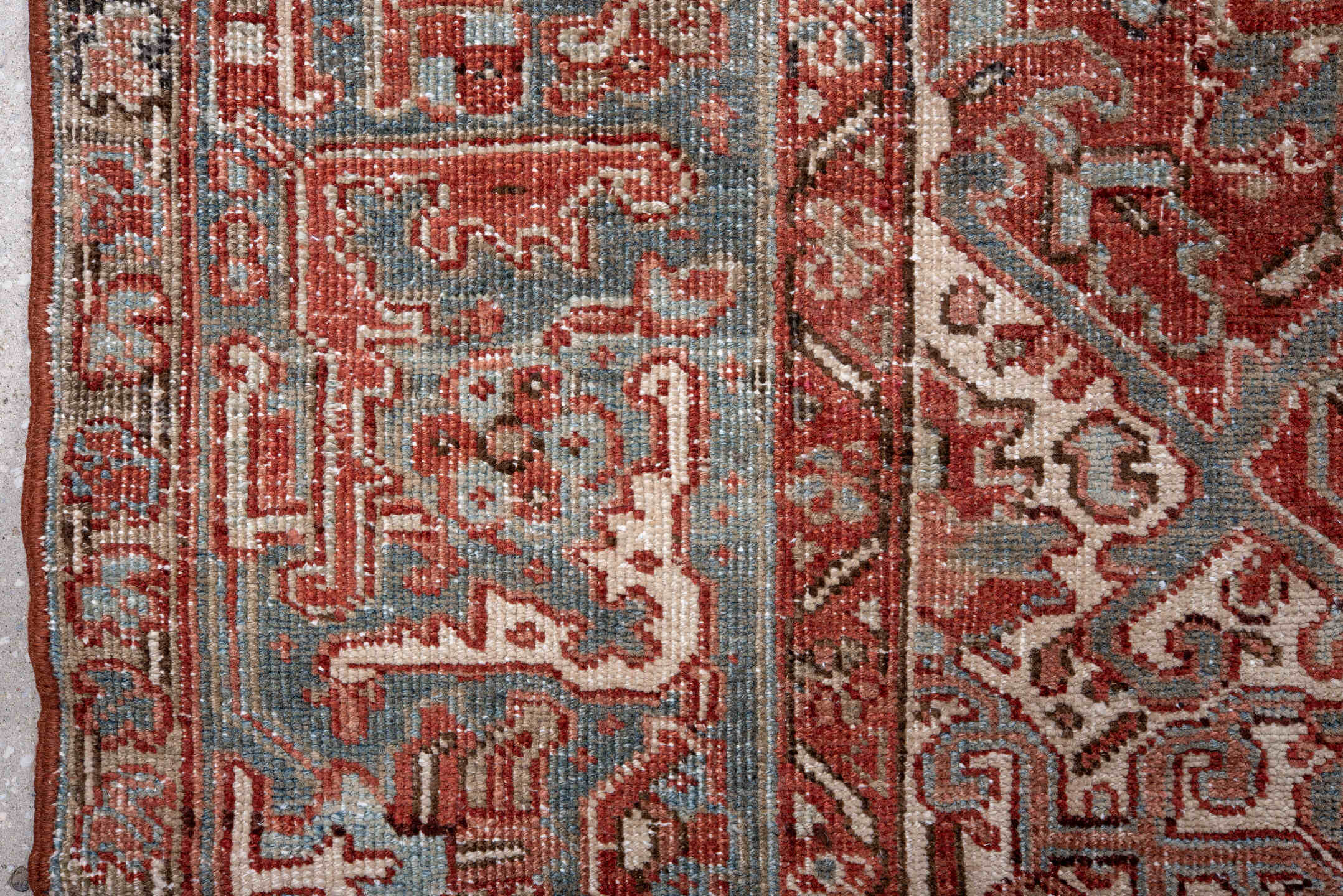 8' x 12' one-of-a-kind handmade vintage Heriz large size rug. Color palette: rust, ivory, sky blue, brick, taupe, charcoal