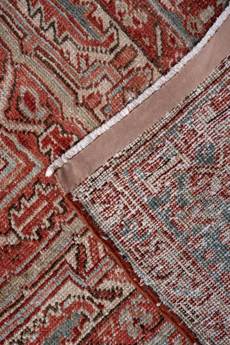 8' x 12' one-of-a-kind handmade vintage Heriz large size rug. Color palette: rust, ivory, sky blue, brick, taupe, charcoal