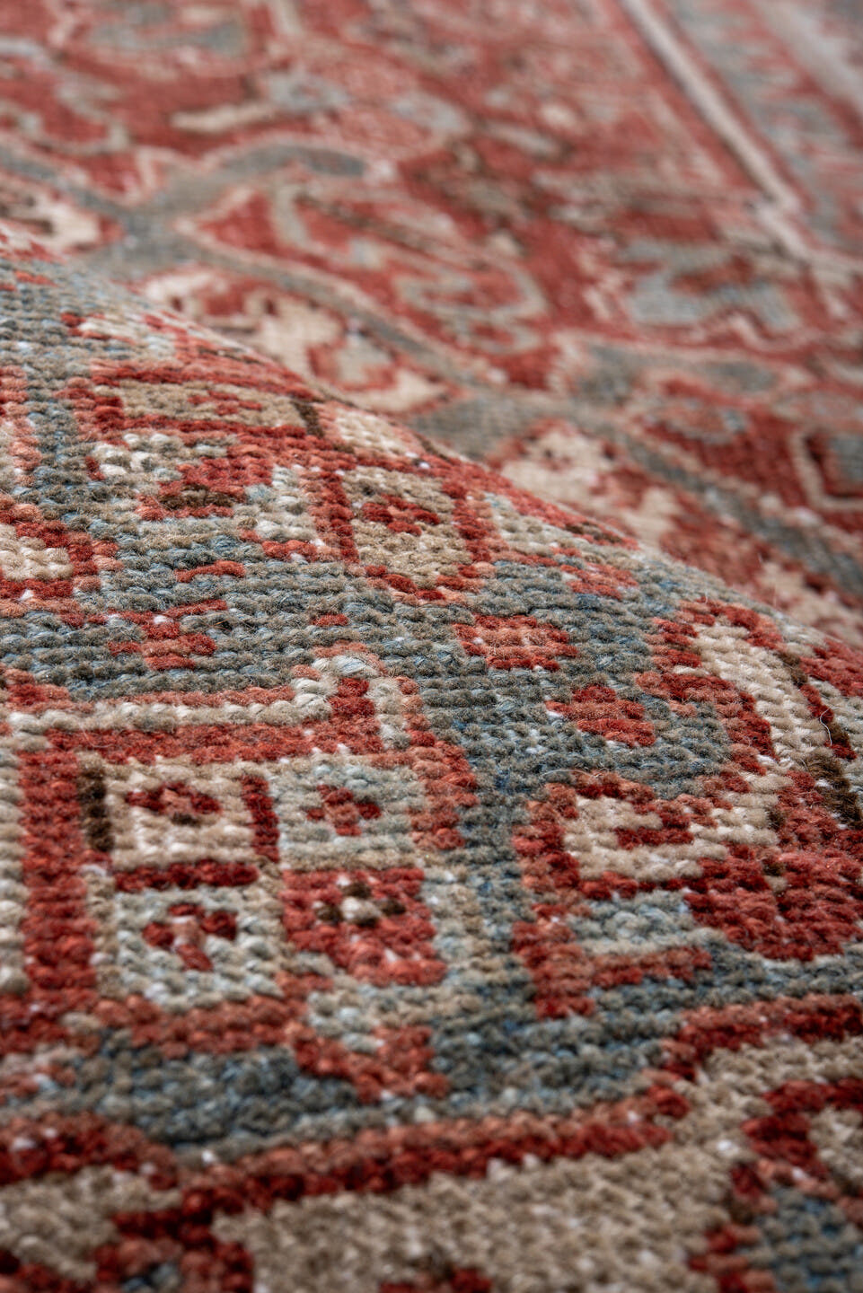 8' x 12' one-of-a-kind handmade vintage Heriz large size rug. Color palette: rust, ivory, sky blue, brick, taupe, charcoal